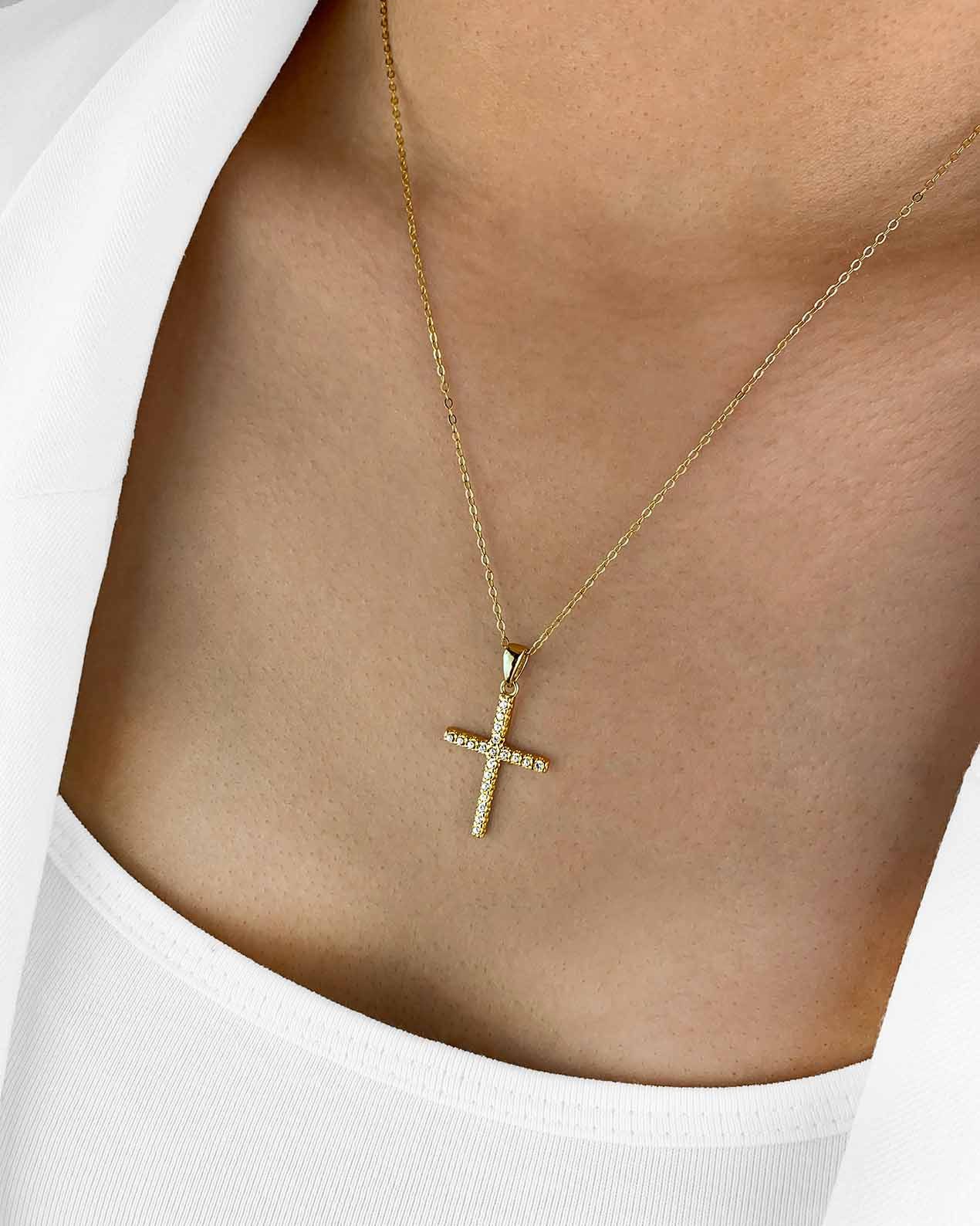 DANIEL CLIFFORD Kreuzkette 'Christabel' Damen Halskette Silber 925 Anhänger Kreuz vergoldet (inkl. Verpackung), filigrane Kreuzkette mit Kristallen besetzt, dezenter Kreuzanhänger
