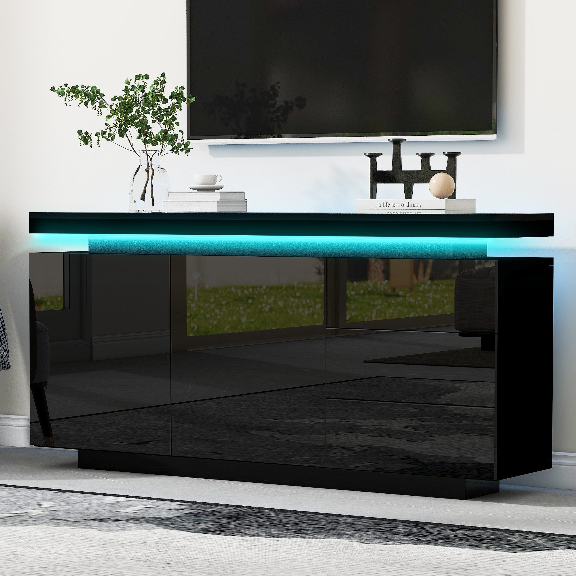 Merax Sideboard hochglanz mit LED inkl. Fernbedienung, Schubkastenkommode, Lowboard,Beistellschrank,Breite 140cm