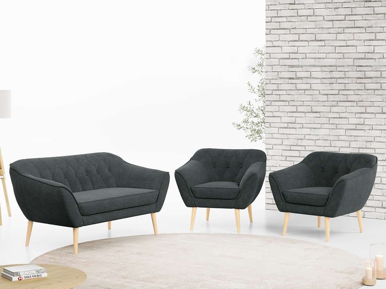 MKS MÖBEL Sofa PIRS 2 1 1, Moderne Sofa Set, Skandinavische Deko, Pirs Loungesofa und Zwei Sessels Dunkelgrau Matana
