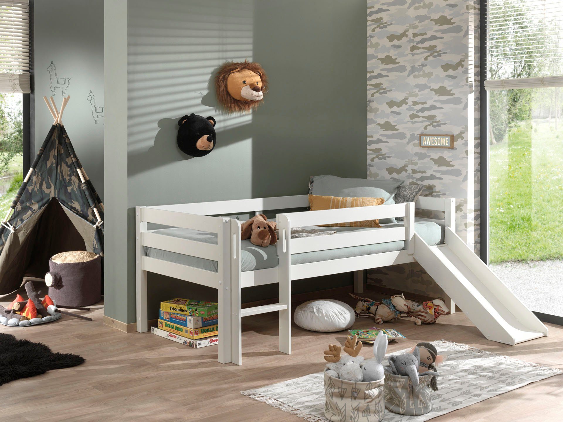Vipack Spielbett Pino, Kiefer massiv, Liegefläche 90/200, Made in Europe (inkl. Leiter, Absturzschutz, 2 Farben zur Auswahl), inkl. Rolllattenrost, wahlweise mit oder ohne Rutsche