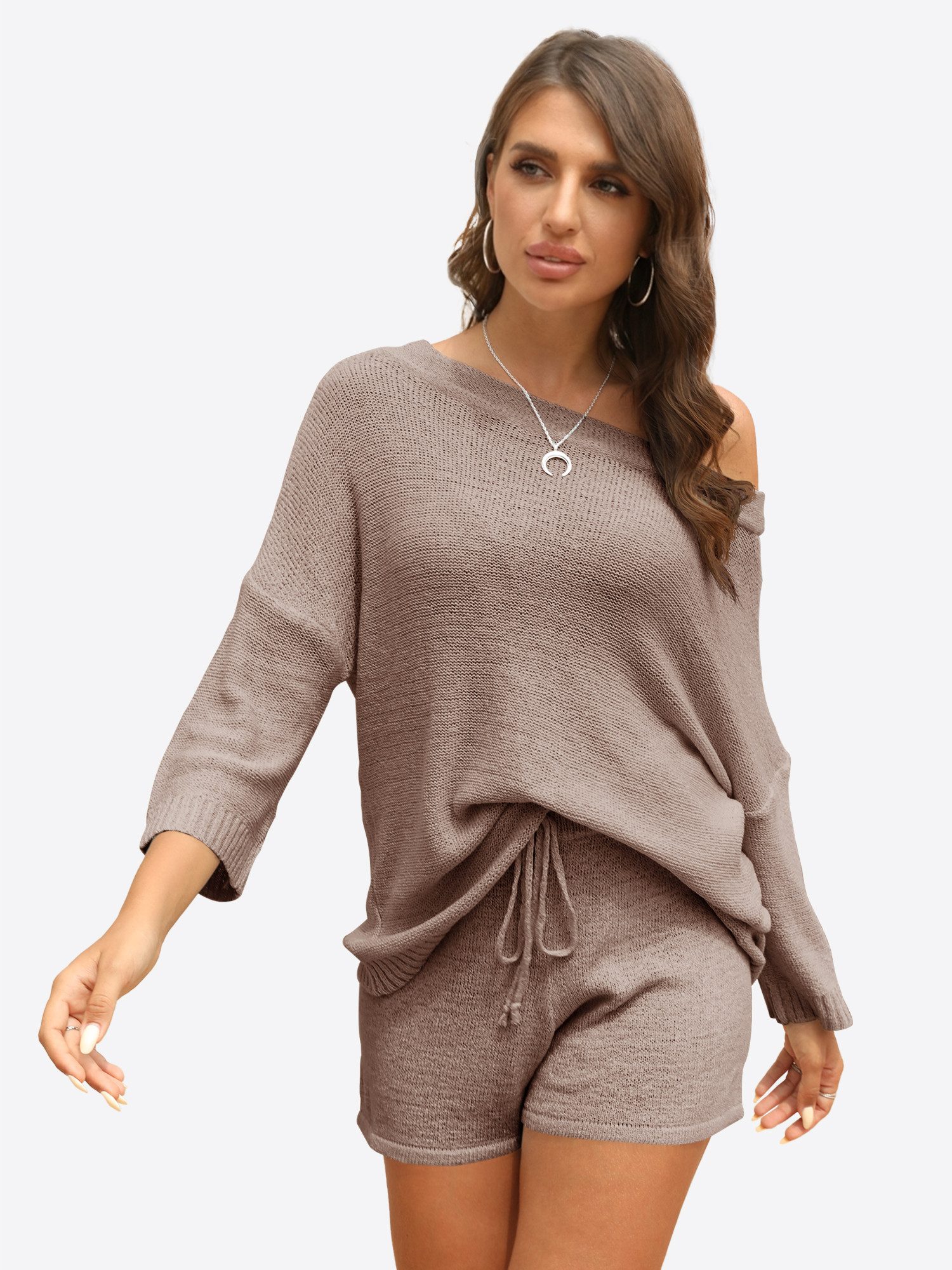 Imily Bela Hausanzug Damen Zweiteiliges Pyjama-Set (Set, 2 tlg., Schulterfreier Strickpullover + Kurze Hose) Einfarbig – Bild 5 von 5