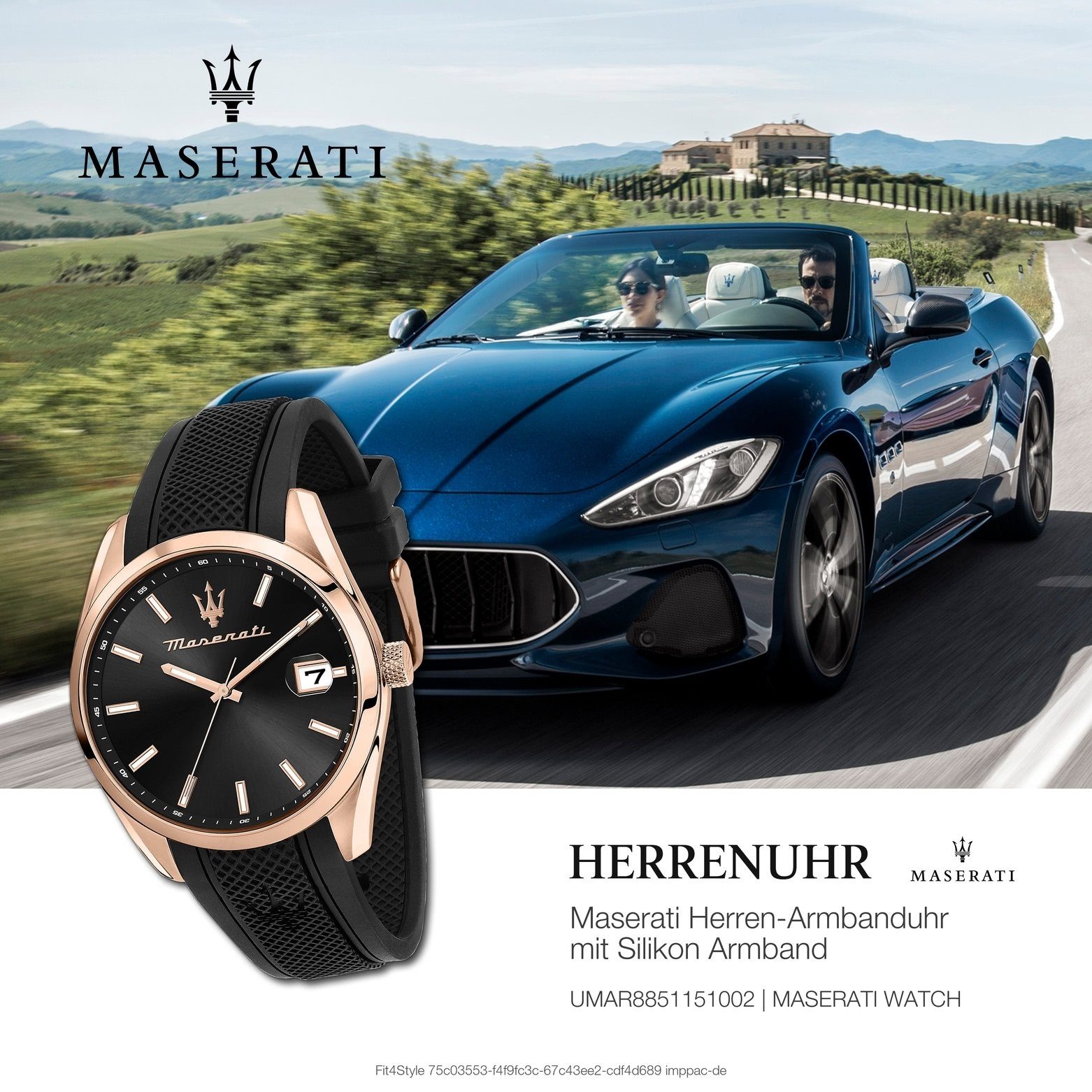 Time Silikonarmband, Quarzuhr groß Herrenuhr (ca. Maserati Herrenuhr schwarz Italy Made-In rund, Maserati Attrazione, 43mm) MASERATI