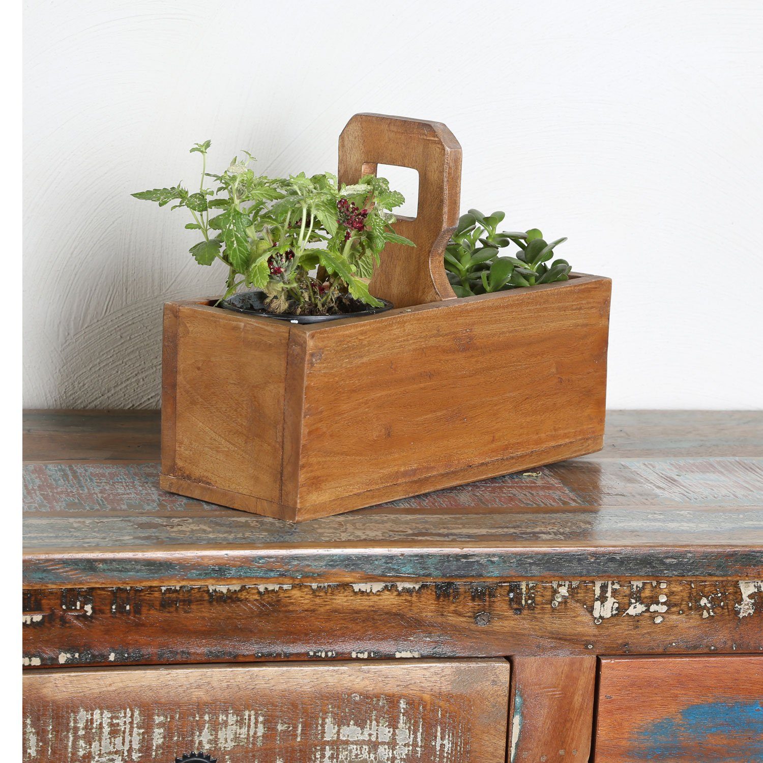 mit gefertigt aus Griff, Viola Holz Holz Tablett Moro Casa Blumenkasten Teak recyceltem Pflanzenbox Blumenkasten