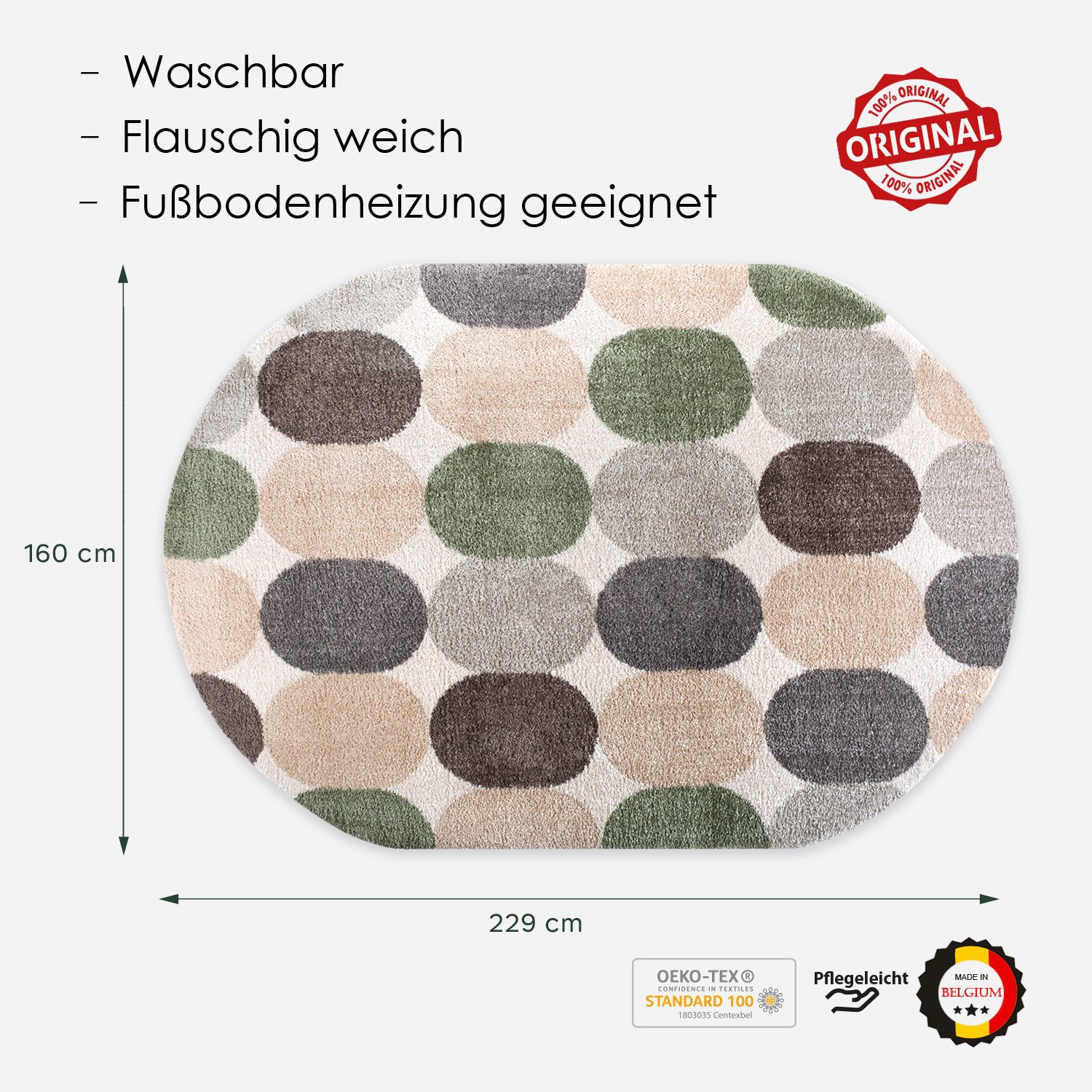 DomDeco Hochflor-Teppich Hochflorteppich Oval EXEMPT Beige-Grün, 160 x 229 cm, oval