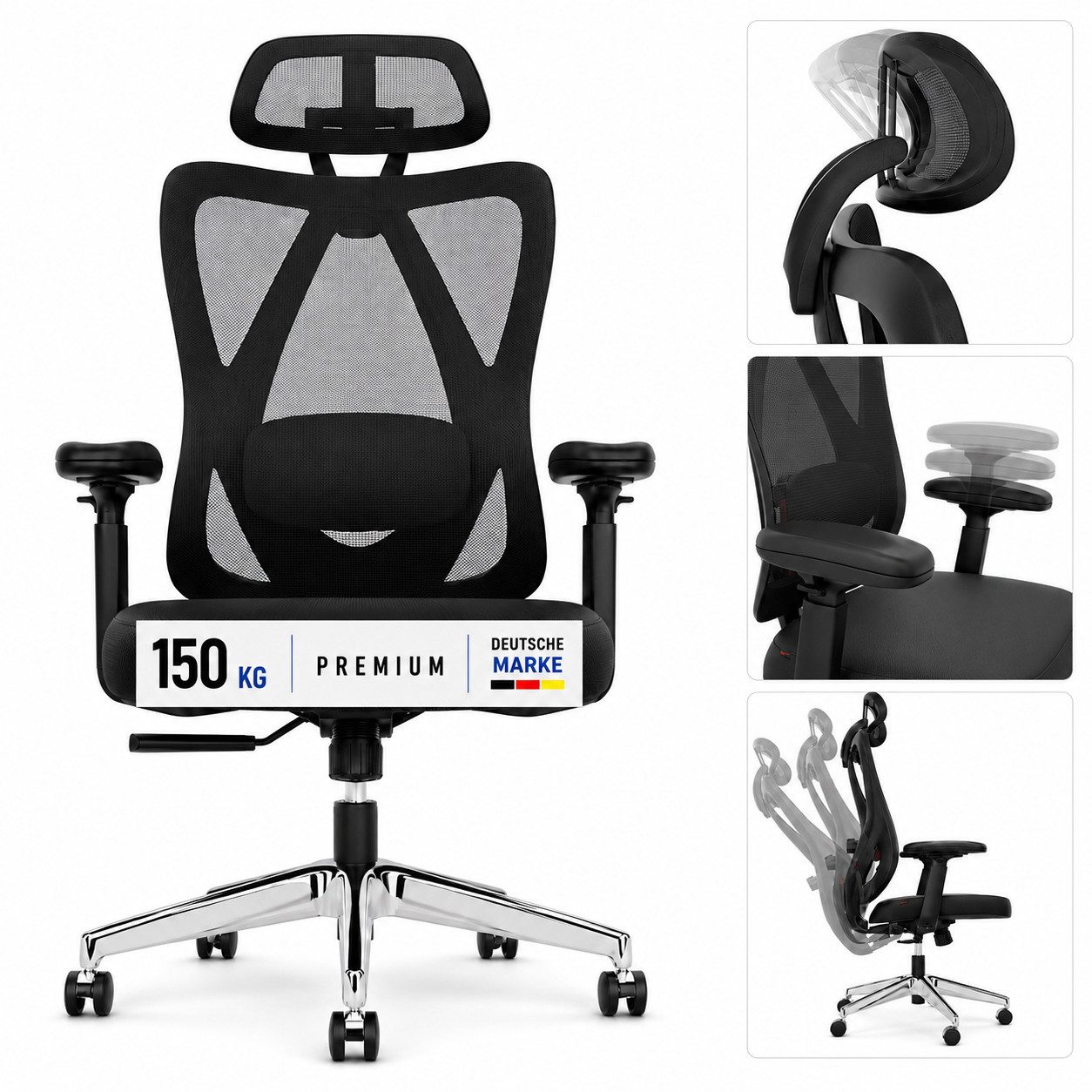 Onbest Bürostuhl PREMIUM Ergonomisch mit Mesh-Rücken, bis 150 kg, 360°-Rollen, Lordosenstütze