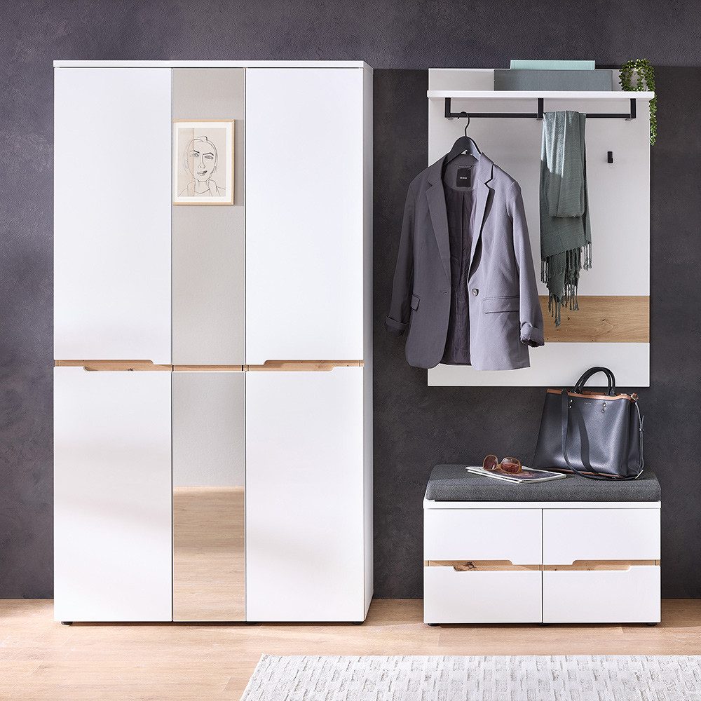 Lomadox Garderoben-Set MANRESA-36-WHITE, (Spar-Set, 3-St., Garderobenschrank Garderobenpaneel Schuhbank), in weiß mit Eiche, grifflos, mit Garderobenbank inkl. Sitzpolster