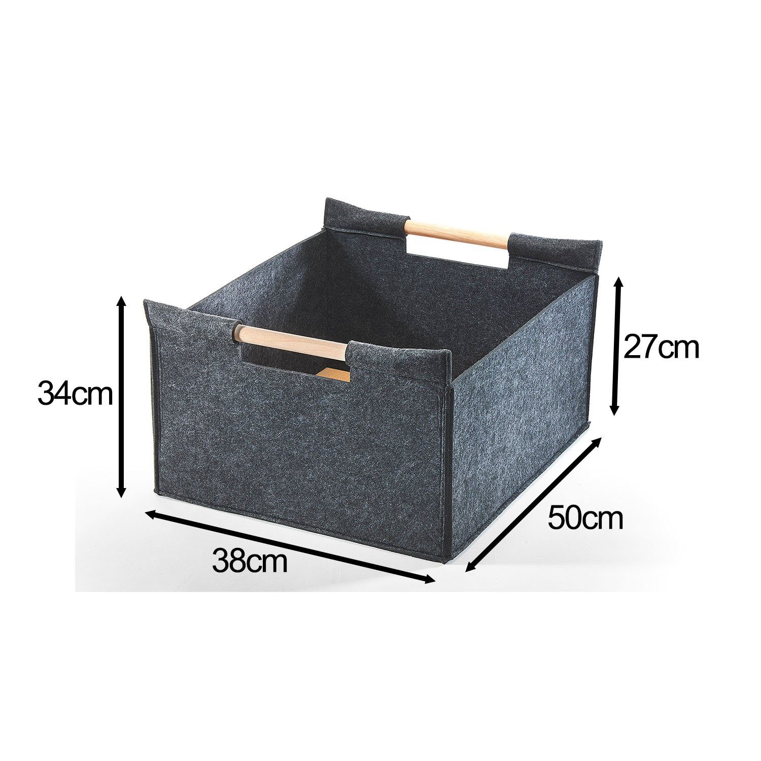 Kobolo Kaminholzkorb Allzweckkorb Holzgriffe Filz dunkelgrau 50x38x34cm (ohne Deckel)