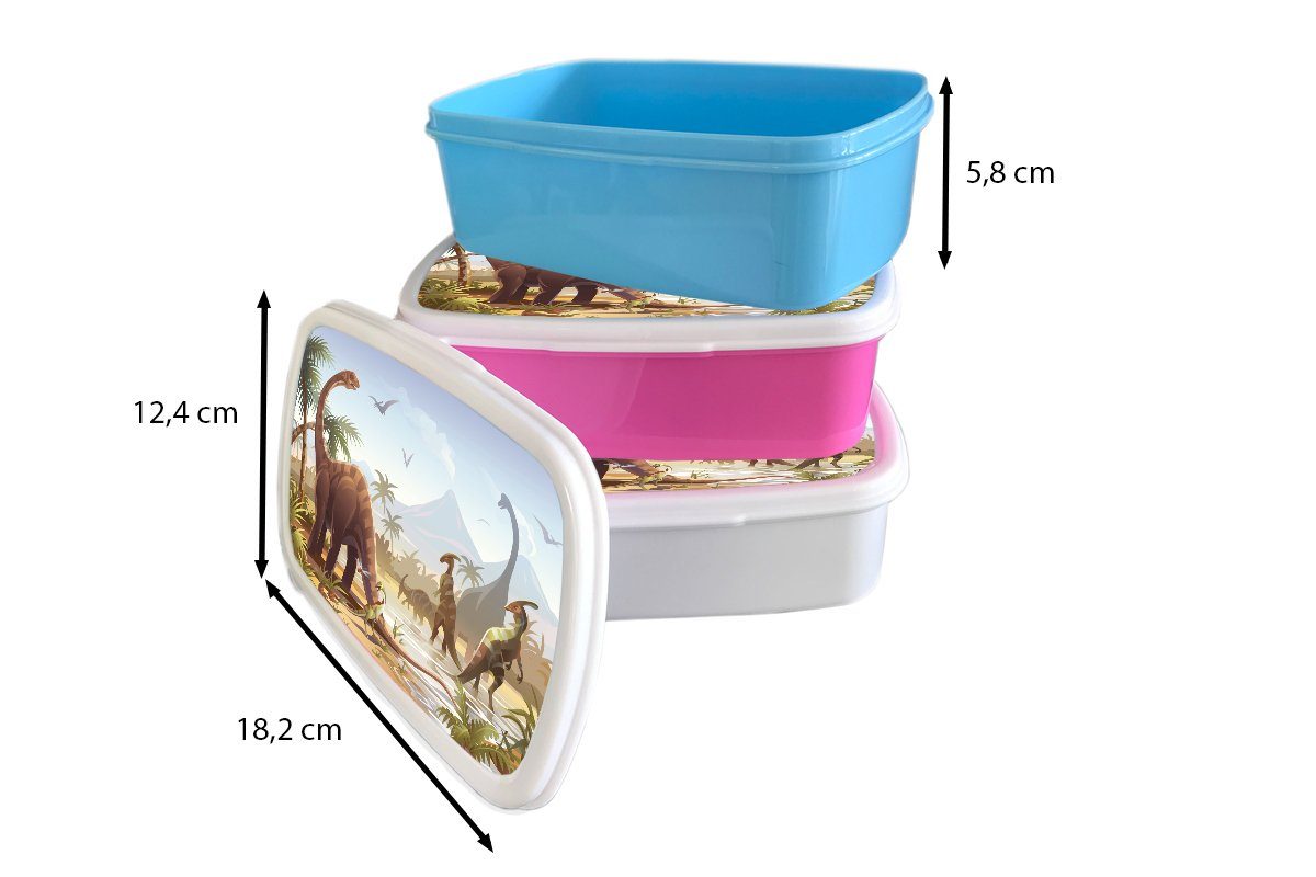 Brotdose, und Wasser Mädchen (2-tlg), Erwachsene, MuchoWow Kinderzimmer - für weiß Dinosaurier, für Kunststoff, Brotbox Lunchbox Kinder und Jungs -