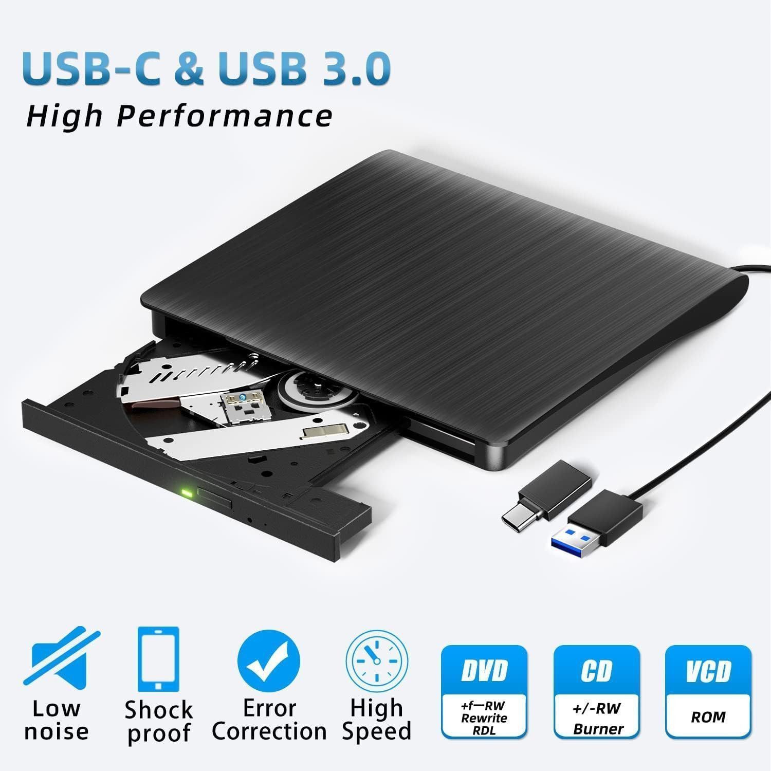 Forrlite Externes CD DVD Laufwerk USB 3.0 Typ-C, Slim CD DVD RW Brenner DVD-Brenner (DVD 8x/CD 24x, Externes DVD-Laufwerk,Kompatibel mit Windows)