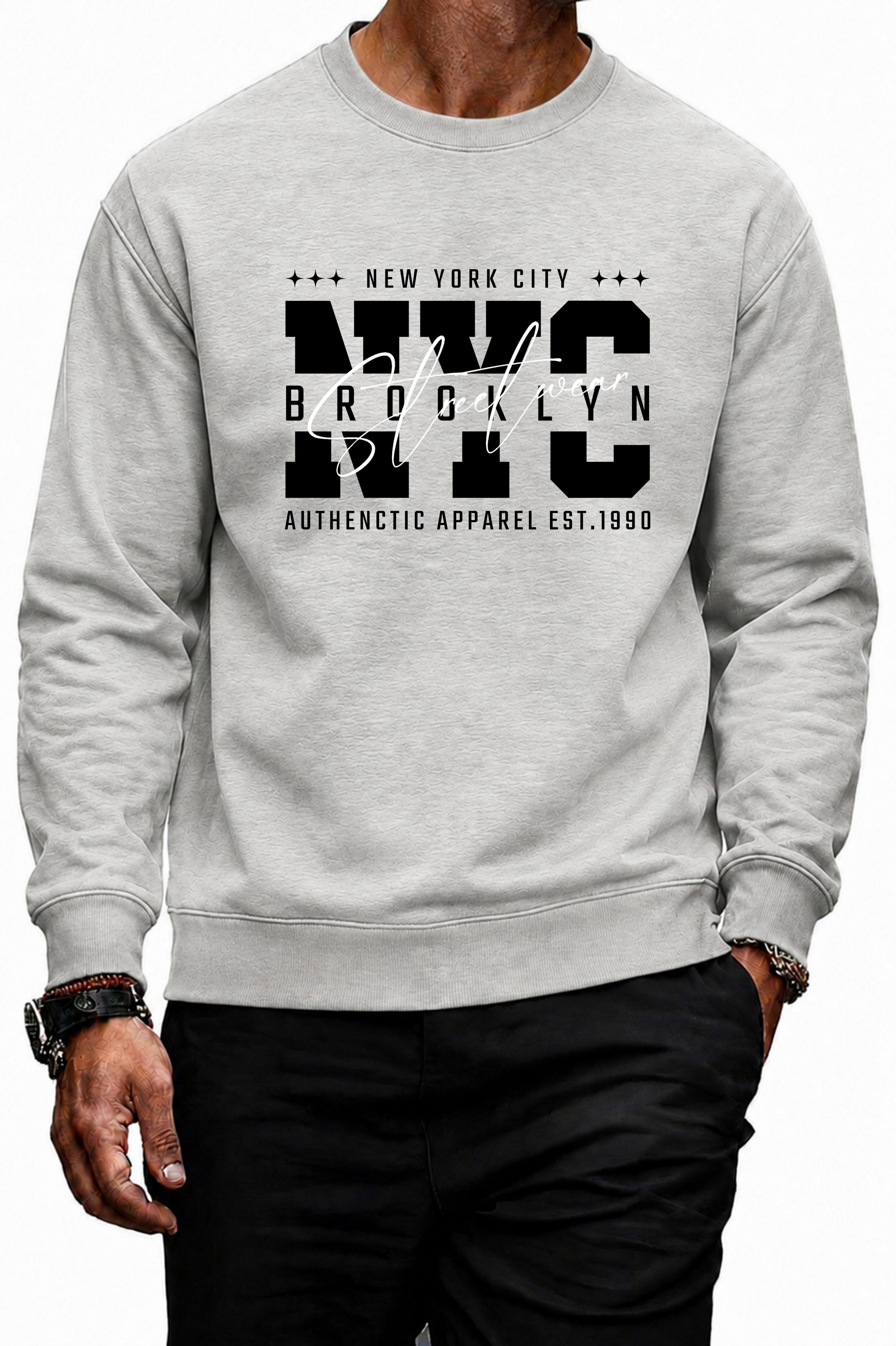Banco Sweatshirt Langarm Herren New York Brooklyn Frontprint Rundhals mit großem NYC-Brooklyn-Frontprint