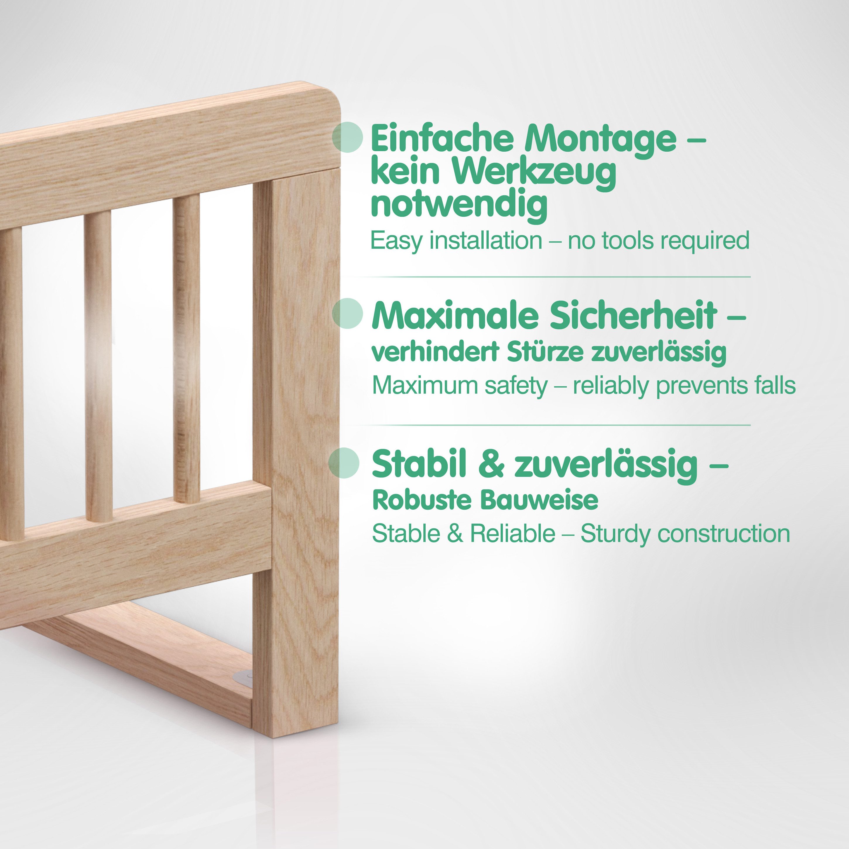 CADANI Bettschutzgitter Holz Bettgitter - Kinderbett Rausfallschutz klappbar, robust u. stabil (90 cm breit, natur - auch in 115 cm und 140 cm verfügbar), für W – Bild 5 von 5