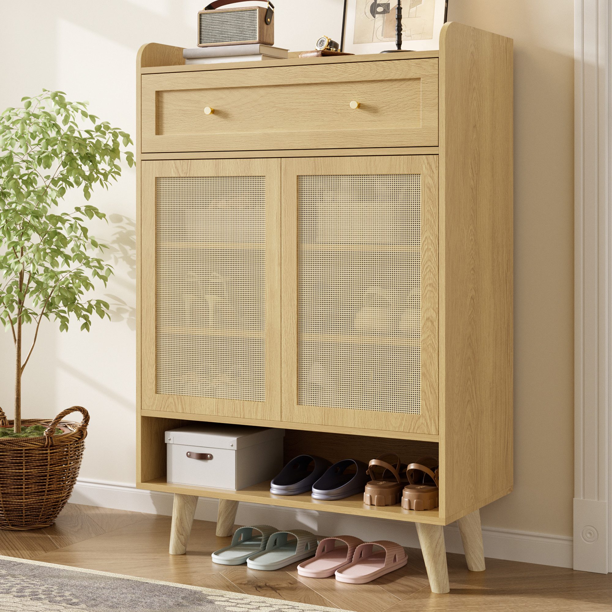Flieks Schuhschrank mit 1 Schubladen, 2 Türen aus Rattan und verstellbarer Einlegeböden (1-St., 80x35x105 cm) Schuhkommode Mehrzweckschrank Sideboard mit 4 Fächern Natur