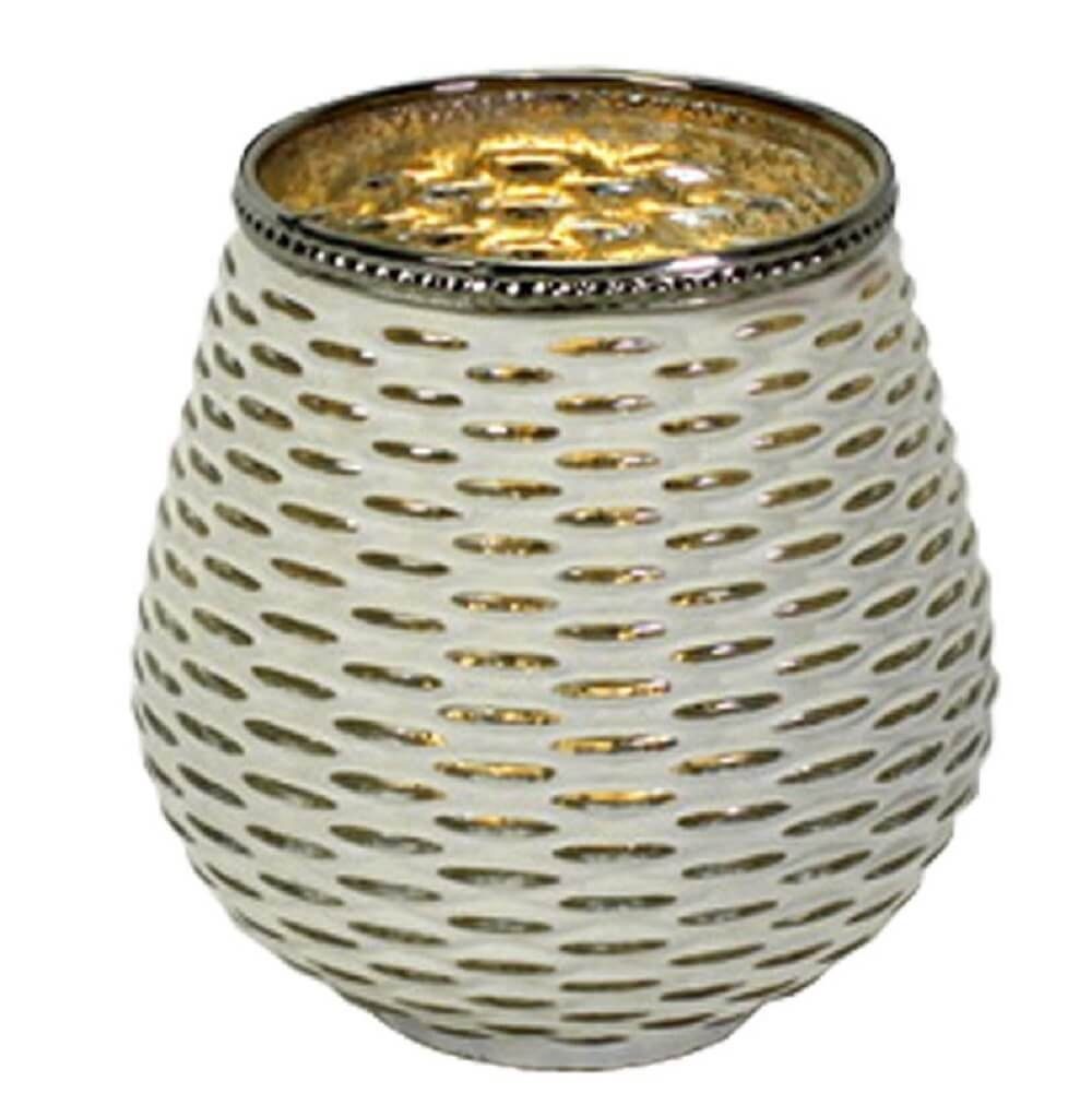 Teelichthalter Windlicht Glas weiß-Silber gemustert Ø9,6 cm H10,4 cm, mit Metallrand