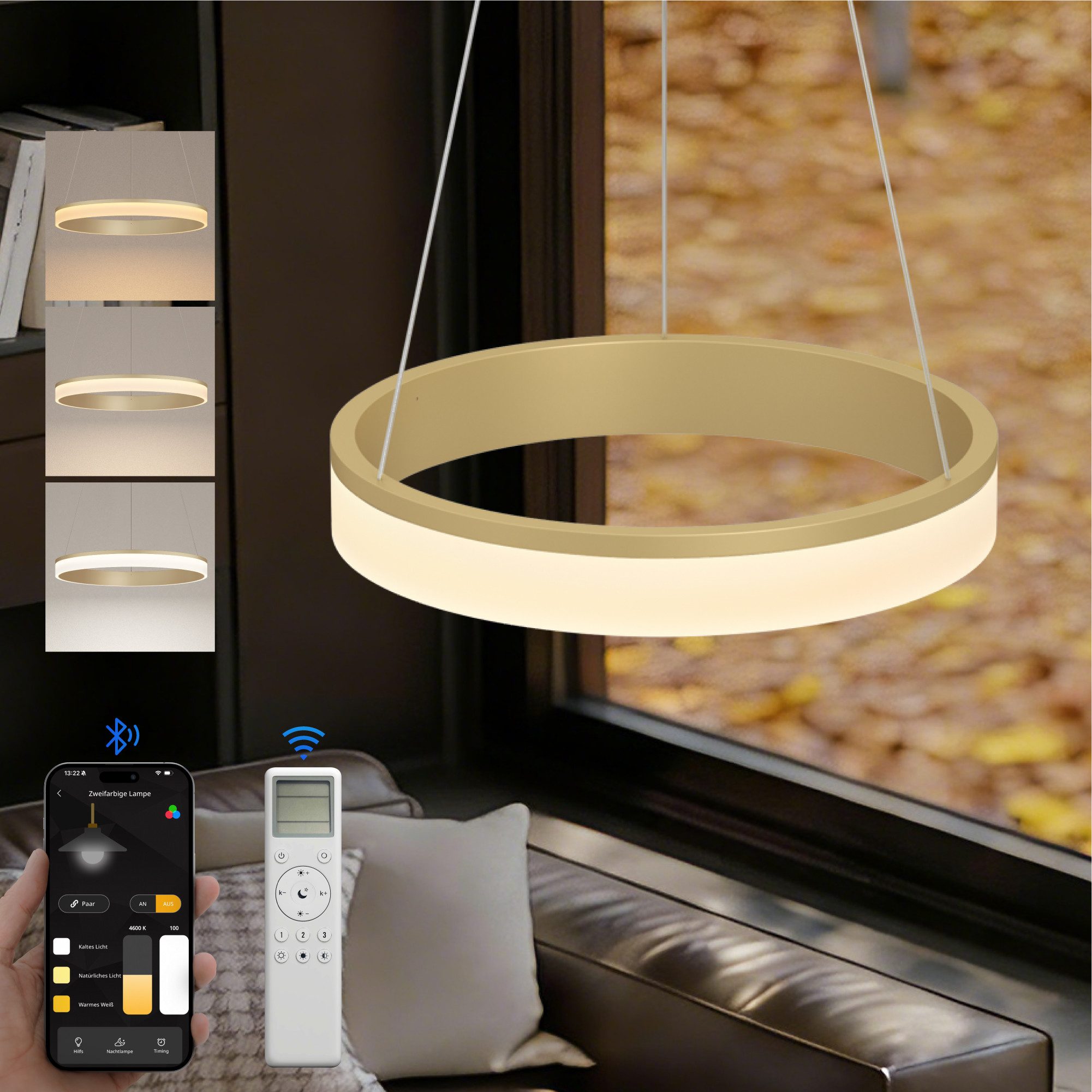 doporro Pendelleuchte Pendellampe Esszimmerlampe Dimmbar mit App & Fernbedienung Luvina02, einstellbarer Farbtemperatur von 3000–6000K, LED-Pendellampe