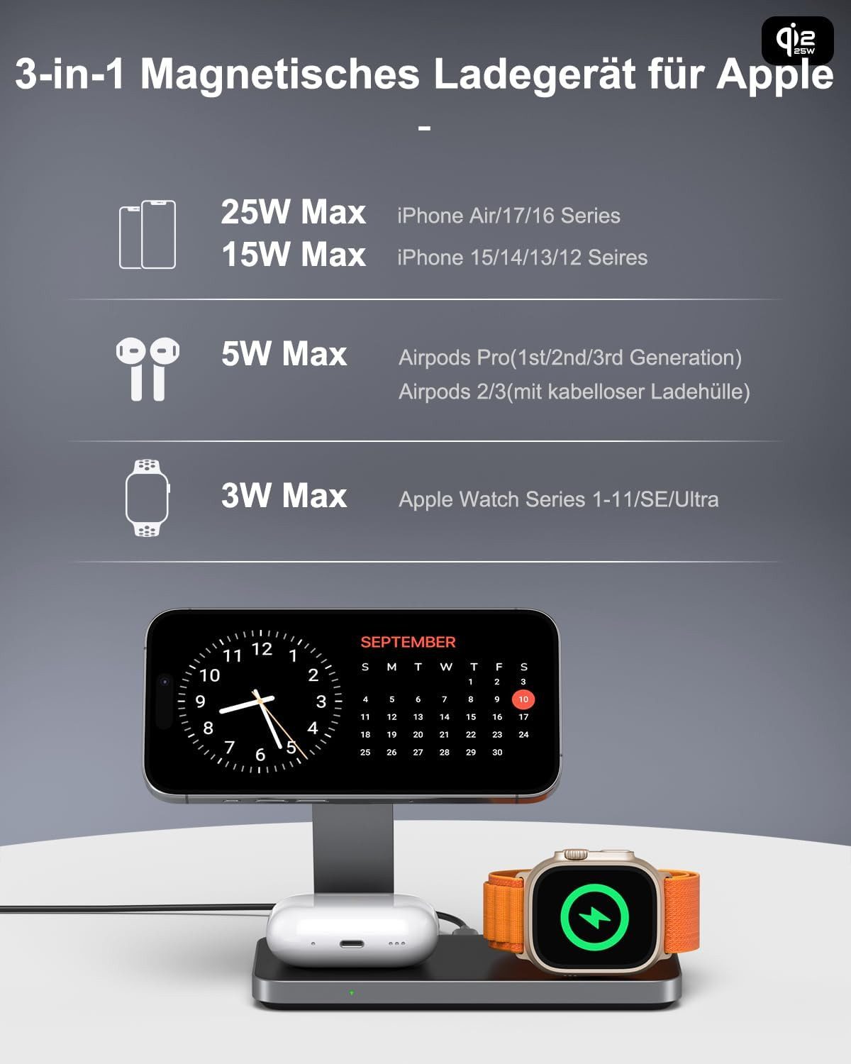 ibettertec 25w Apple Watch iPhone 3in1 MagSafe Wireless Charger Wireless Charger Induktions-Ladegerät (Schnelles Kabelloses Ladegerät, Verfügbar für iPhone 17/1 – Bild 3 von 5
