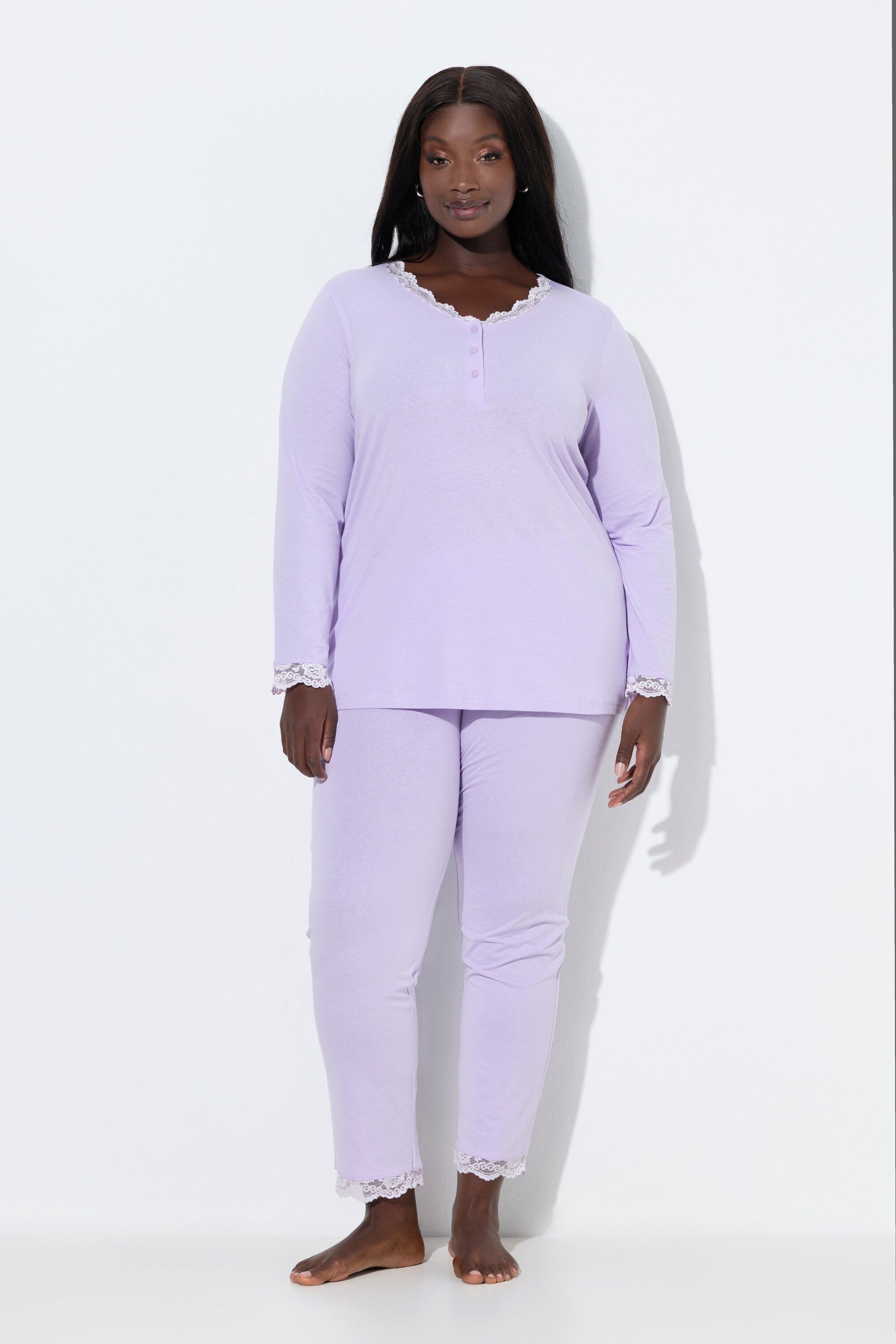 Ulla Popken Pyjama Pyjama Zweiteiler Spitze Knöpfe Langarm