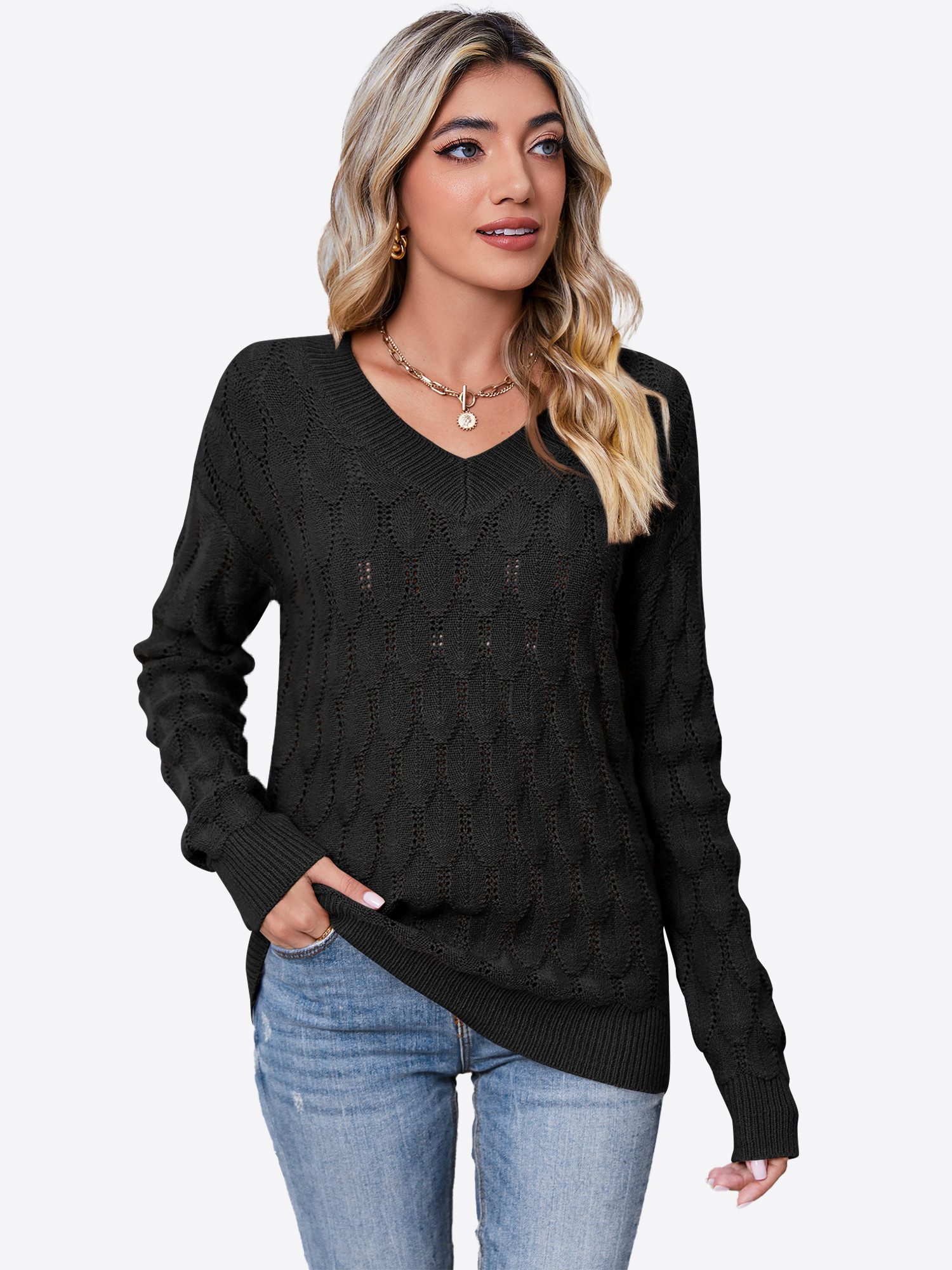 Imily Bela Sweater Damen Pullover mit V-Ausschnitt und langen Ärmeln (Packu günstig online kaufen
