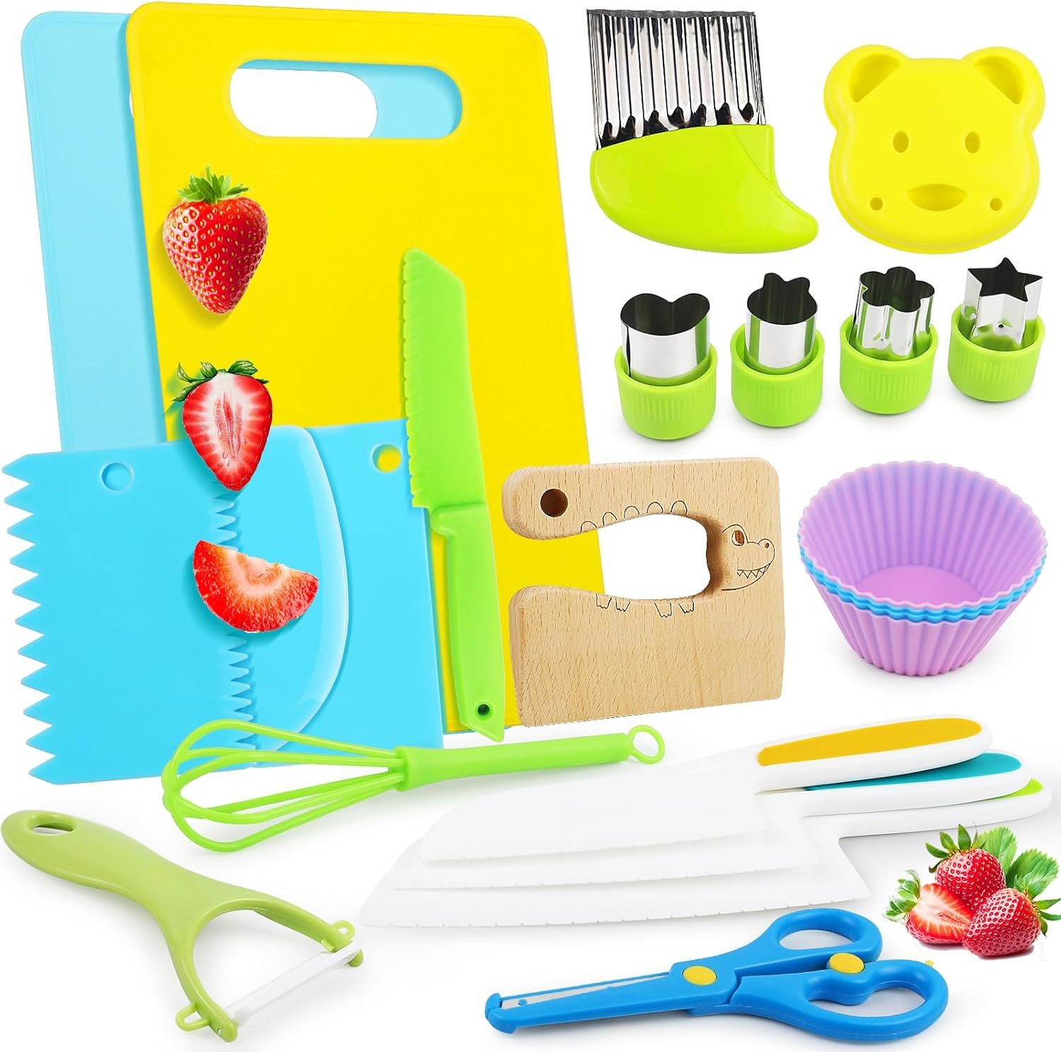 LA CUTE Kinderkochmesser 23-teiliges Montessori Kinder-Messer-Set mit Schneidebrett & Schäler, Kinder-Messer-Set mit Montessori Design, Schneidebrett & Zubehör