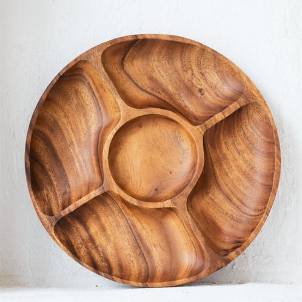 Mien Servierplatte Servierschale und Platte aus Akazienholz Handgefertigt mit 5 Fächern, Akazienholz, (Wählbar in zwei Größenvarianten, 1-tlg., Ideal zum Servieren von Snacks, Dips und kleinen Leckereien), „Edles Akazienholz: Robust, langlebig und ein echter Hingucker.“