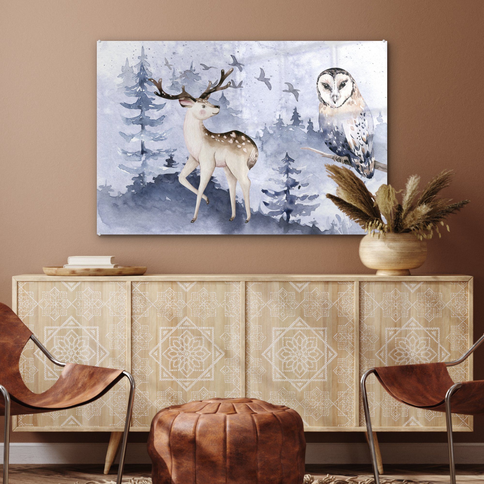 - Wohnzimmer Wald Hirsch, MuchoWow Acrylglasbilder - - Eule Winter & Acrylglasbild St), (1 Schlafzimmer