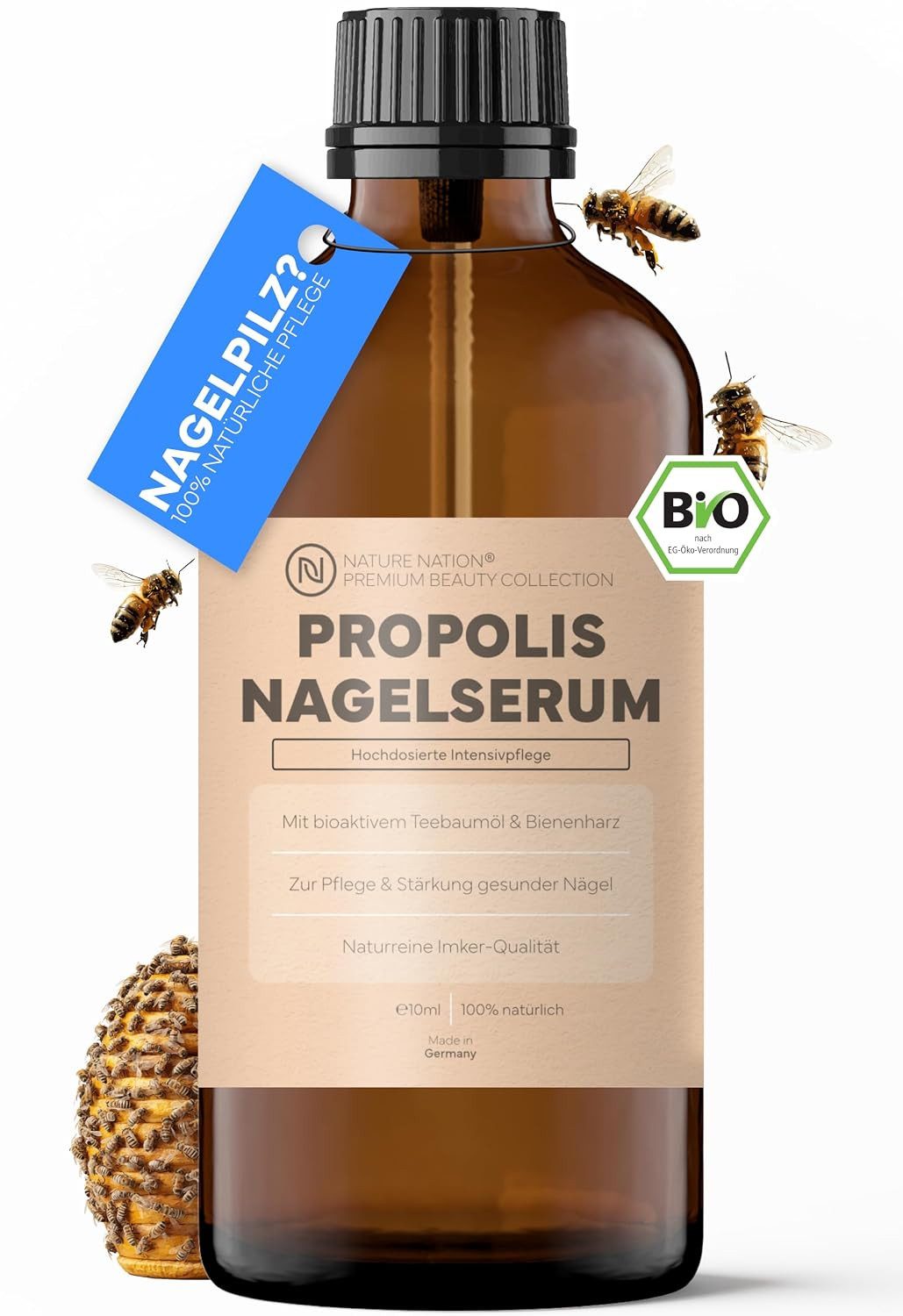 NATURE NATION Nagelpflegeserum Propolis Nagelserum 40% + Teebaumöl; Nagelpflege bei Nagelpilz + Zink, 1-tlg., 40% Bio-Propolis, für Hand- und Fußnägel