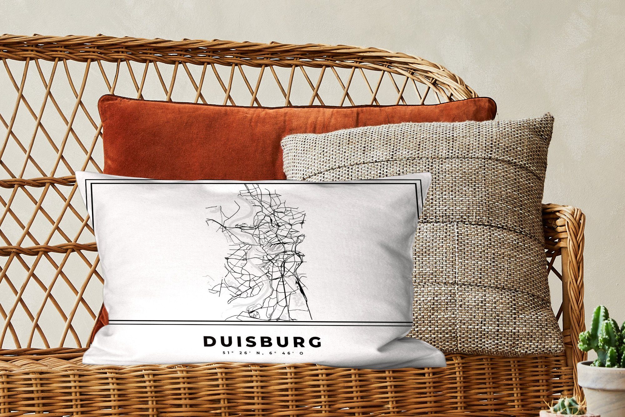 MuchoWow Duisburg, weiß Karte Dekoration, Stadtplan - - - - Dekokissen Schlafzimmer Dekokissen und Wohzimmer mit Schwarz Füllung, Zierkissen, Deutschland