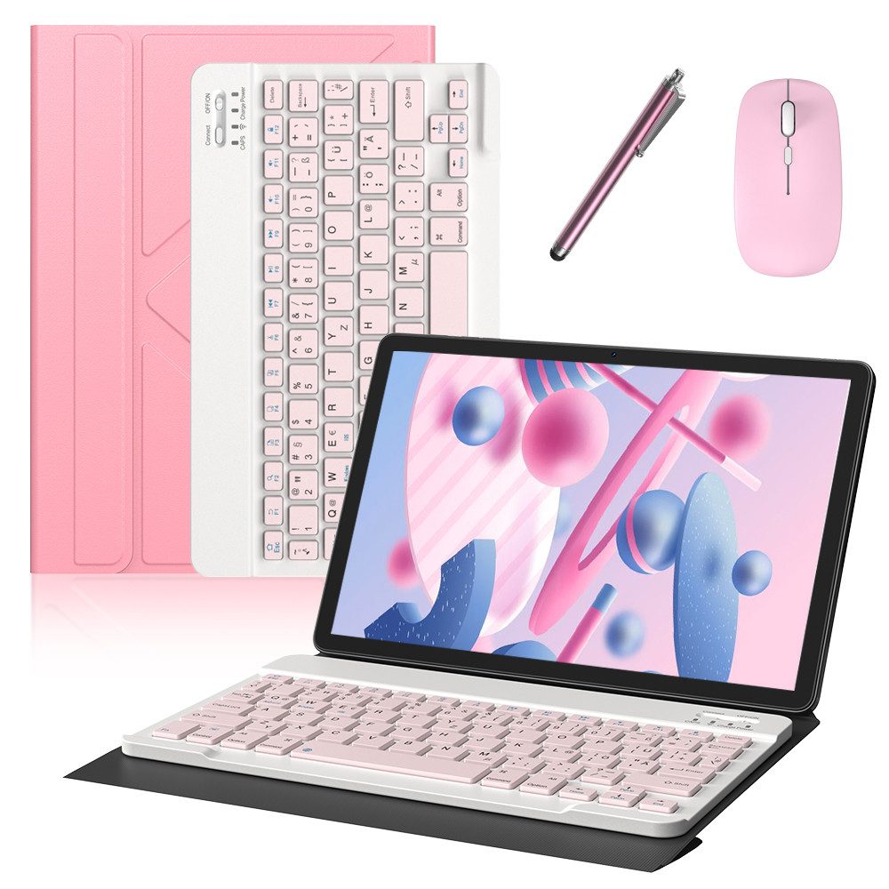 XGODY Tablet-Hülle Rosa Universal 10,1-Zoll mit Rosa Tastatur, Maus, Stift