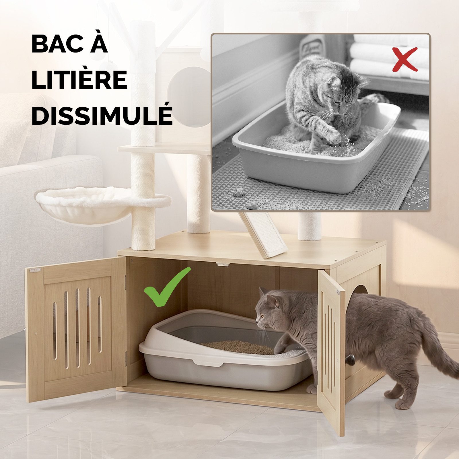 LALAHO Kratzbaum mit Katzenklo Schrank, 134,5 cm hoch, mit Liegemulde, Kratz Stämmen, Plüschbälle