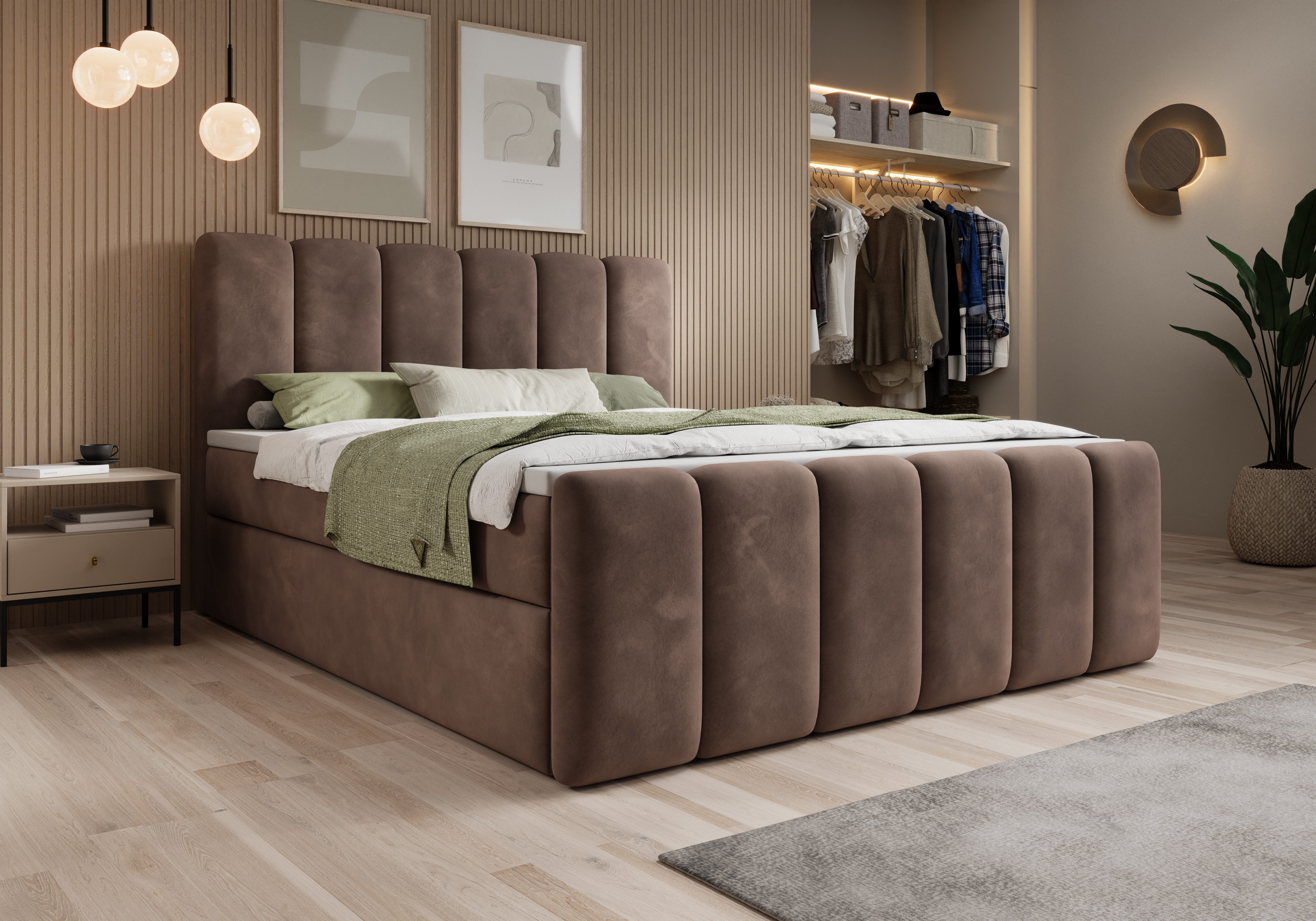 thematys Boxbett mit Bettkasten 140x200–200x200 cm – Velours oder Bouclé Bezug – (Polsterbett Bonnellfederkern Matratze H3 + Gratis 3cm Topper, Boxbett - Luxus Doppelbett mit Stauraum)