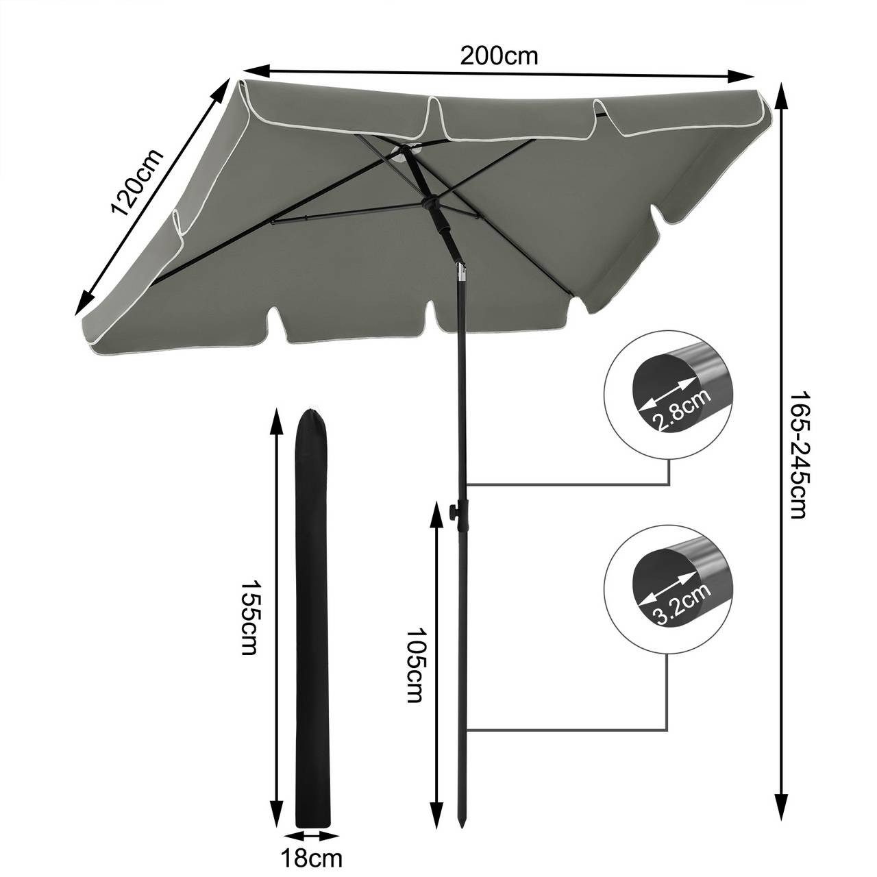 Woltu Sonnenschirm, 45° knickbar, UV-beständig, wasserdicht 200x120 cm