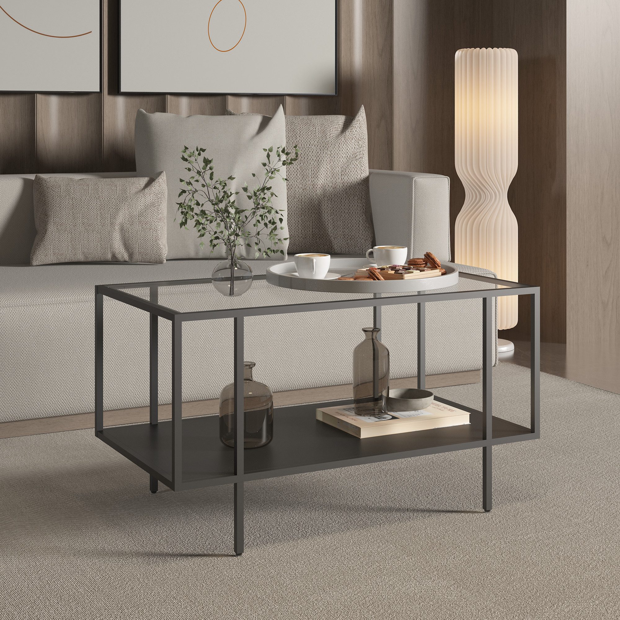 en.casa Couchtisch, »Nynna« rechteckig mit Glasplatte Stahl 90 x 50 x 50 cm Schwarz