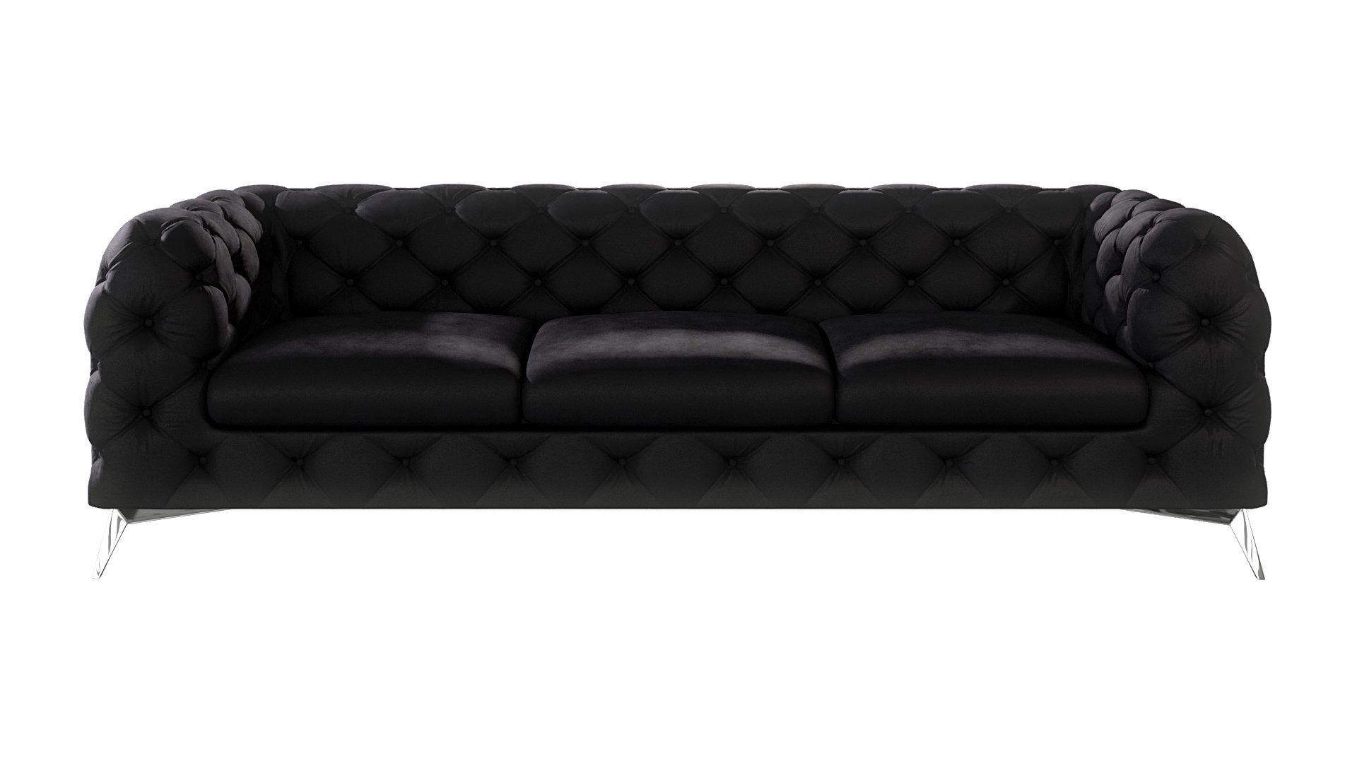 Sofa Metall Schwarz Kalina Füßen, mit Wellenfederung Chesterfield Möbel Silber 3-Sitzer mit S-Style