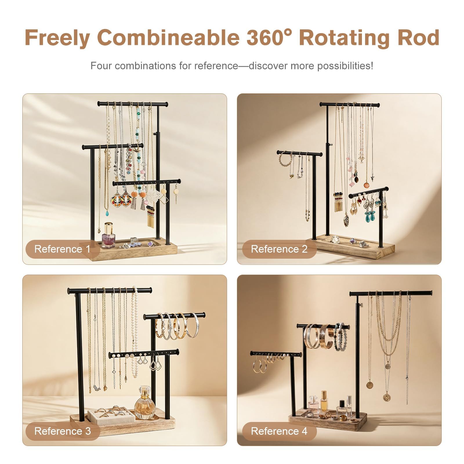 SURFOU Schmuckständer Schmuckständer 3 Ebenen Metall Holz Schmuck Organizer Verstellbar (Schmucktablett, Schmuckhalter, Schmuckaufbewahrung, ausziehbarer Ketten – Bild 5 von 5