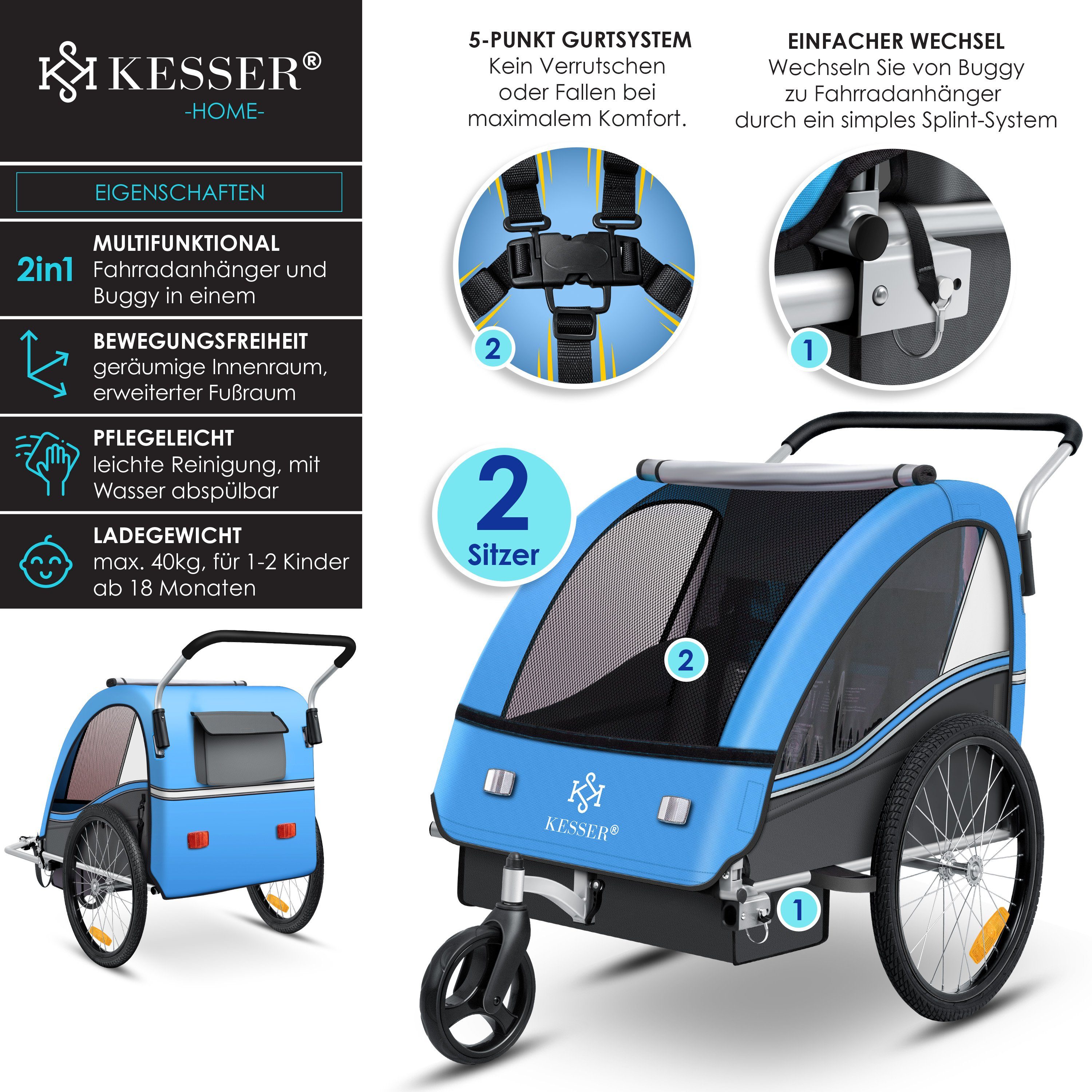 KESSER Fahrradkinderanhänger, Kinderanhänger Fahrradanhänger Sport-RX in Joggerfunktion