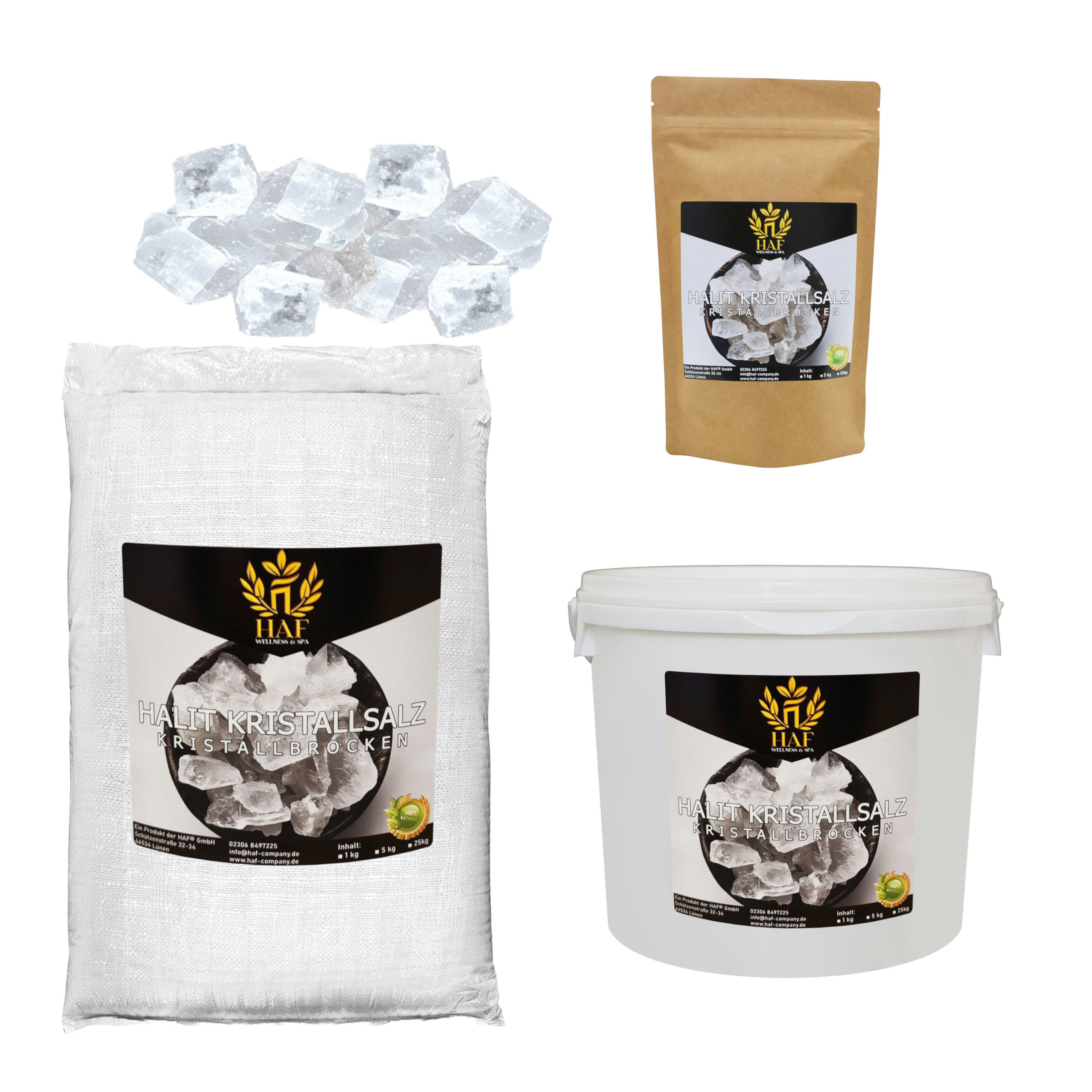 HAF Salzkristalle Weiße Halit Salzbrocken 1 kg Steinsalz Brocken grobes Salz 2-5cm, (Naturbelassen aus der Salt Range in Pakistan, 1 x 1 kg im Beutel), Grobe Steinsalz Brocken ohne Zusätze