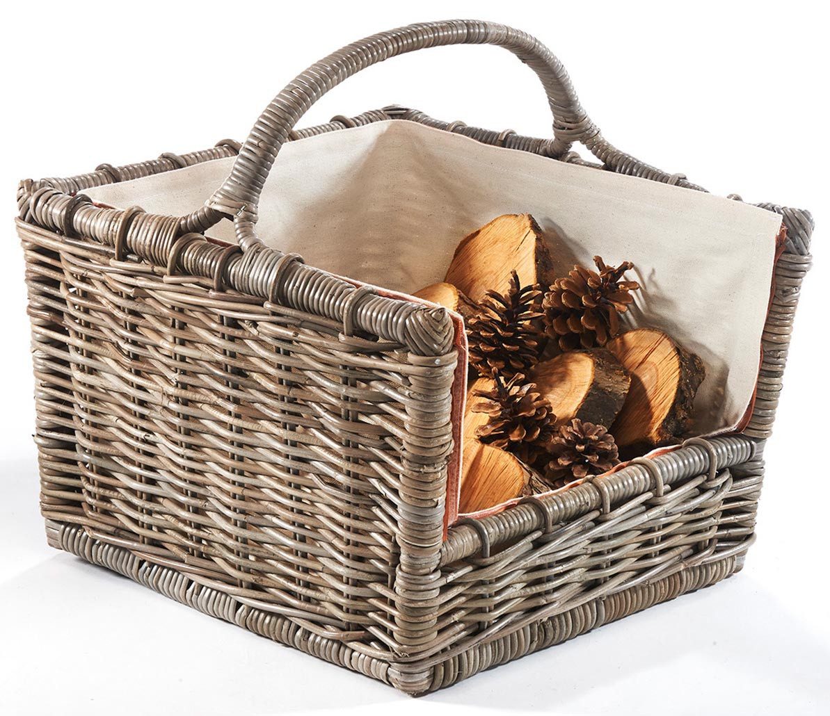 Kobolo Kaminholzkorb Holztrage Rattan grau mit abnehmbarem Leinenstoff