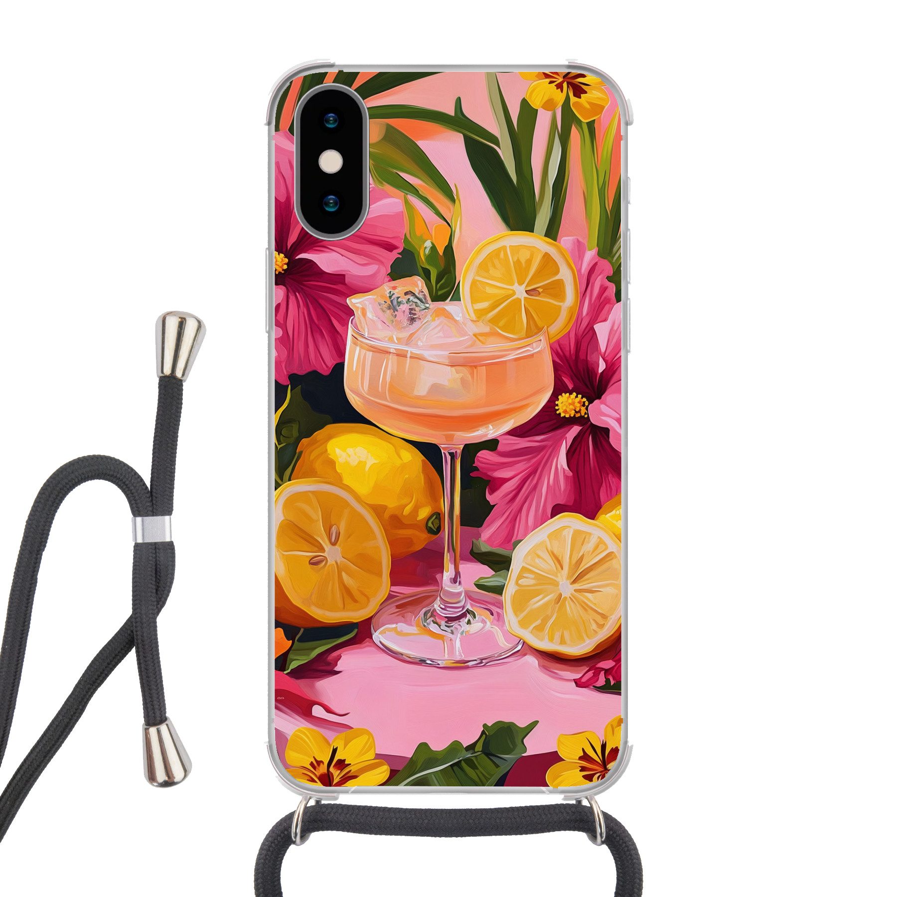 MuchoWow Handyhülle für Apple iPhone XS Getränk - Blumen - Gelb, Tragbare Handyhüllen mit Kette zum umhängen, Handykette Handyband