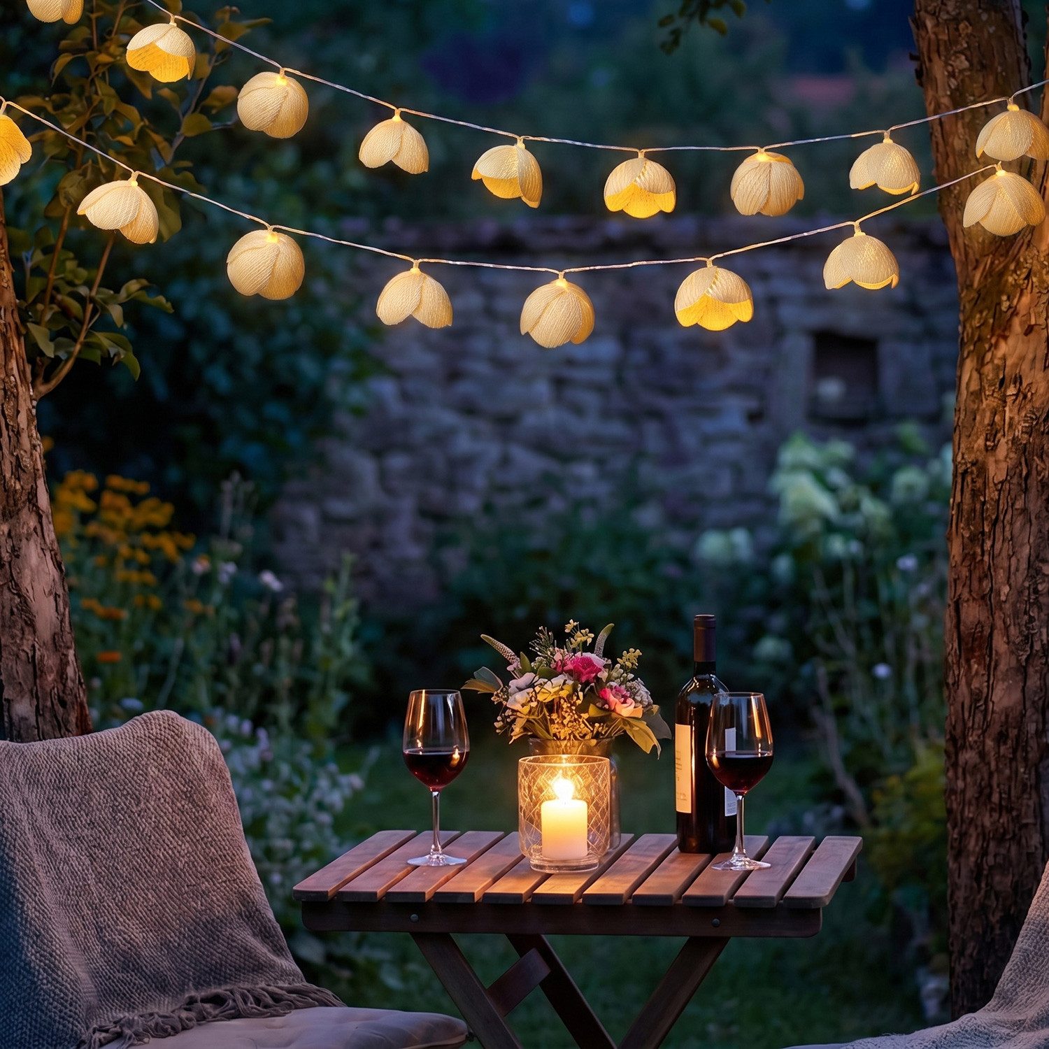 MARELIDA LED-Lichterkette Blumen Blumengirlande 15 weiße Blüten Timer L: 1,4m für Außen, 15-flammig