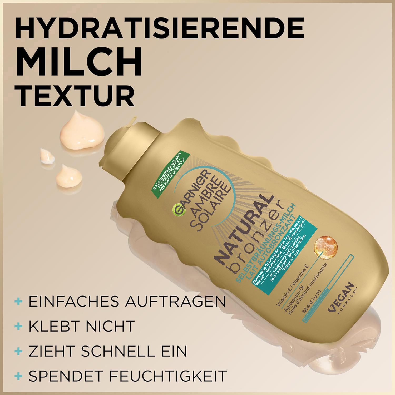 GARNIER Selbstbräunungsmilch AMBRE SOLAIRE SELBSTBRÄUNUNGS-MILCH MIT APRIKOSEN-ÖL, Ohne Flecken, schnell einziehend, hält 1 Woche, spendet Feuchtigkeit.