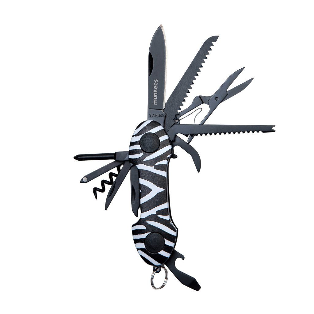 Munkees Universalmesser Taschenmesser Zebra 15 Funktionen mit Schlüsselring, weiß, (Einzelartikel, 1 St), 15 Funktionen, Zebra-Muster, Multifunktionswerkzeug