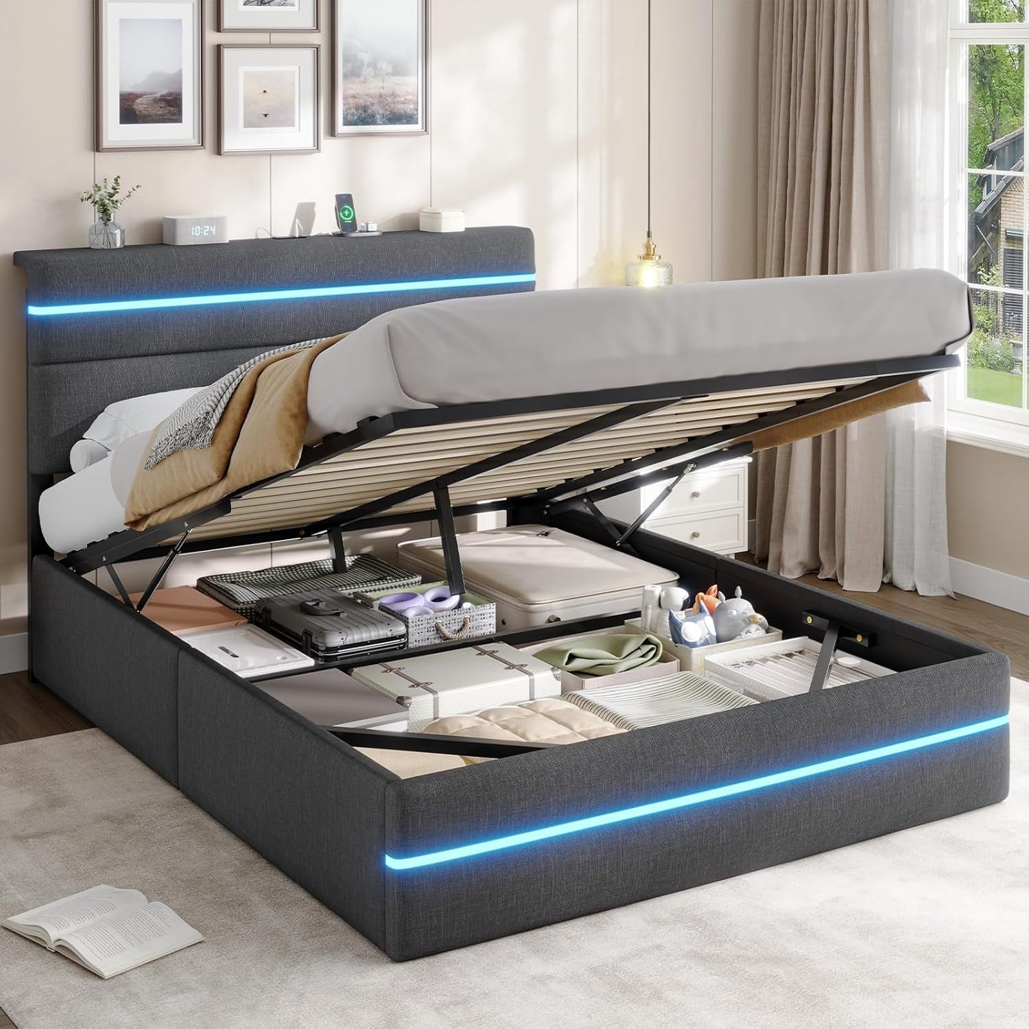 MSMASK Polsterbett mit Hydraulischem Stauraum, LED-Kopfteil & Ladestation (Ohne Matratze), Doppelbett, Jugendbett mit Lattenrost 140x200cm