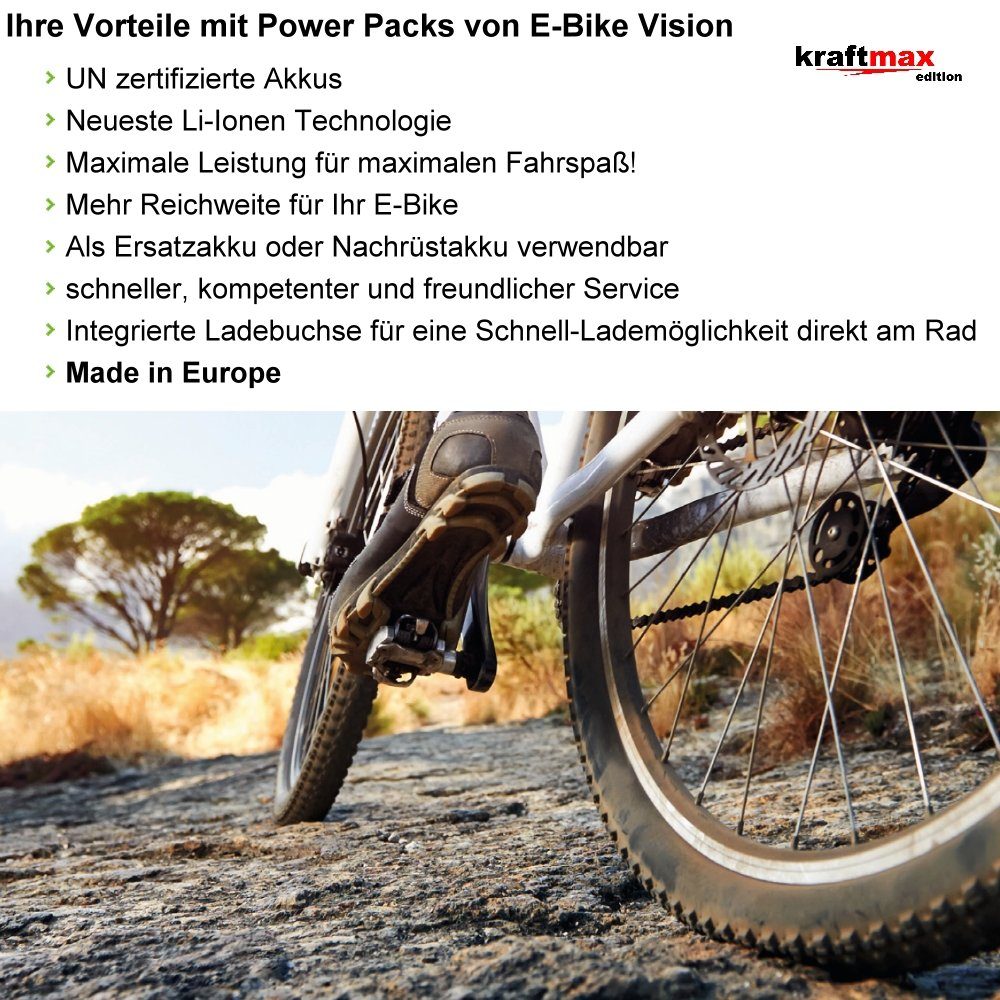 kraftmax E-Bike Vision Power Pack Akku für Panasonic 36V / 17Ah / 612WH -UR Akku 17000 mAh (36 V V, 1 St), Lithium-Ionen-Technologie