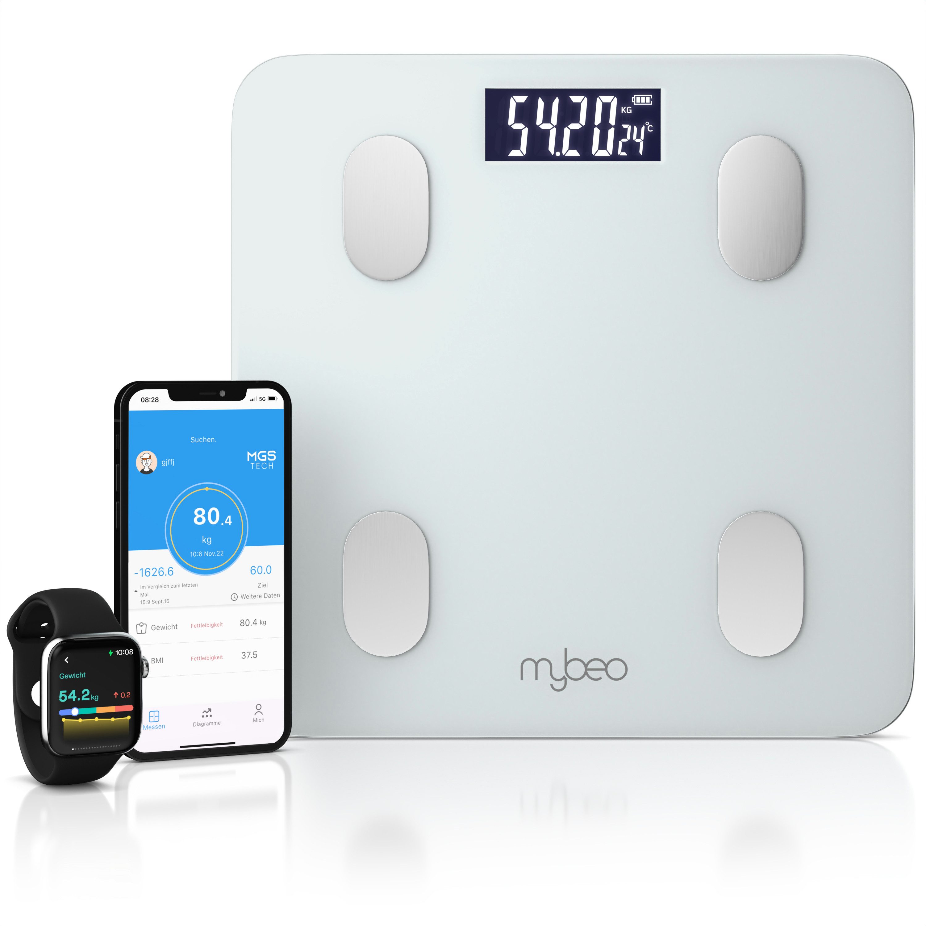 MyBeo Körper-Analyse-Waage Bluetooth Körperfettwaage, digitale Multifunktionswaage, APP Steuerung, 1-tlg., Diagnosewaage, BMI, Körperfett, Wasser & Muskelanteil, 5-180 kg