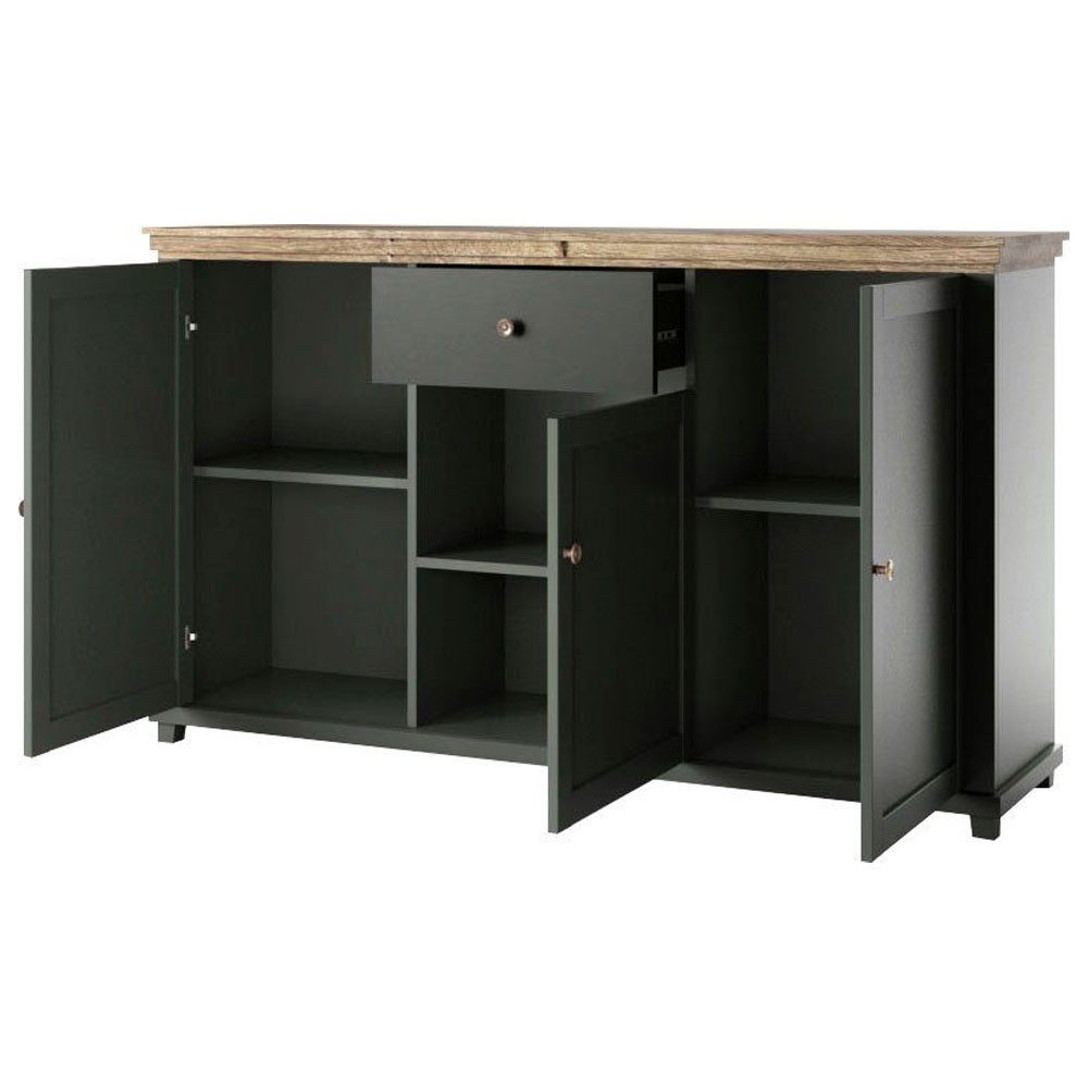Helvetia Kommode Elda (3 Türen, 3 Einlegeböden, 1 Vollauszugschublade, 1 St., moderner Landhausstil, Rahmenoptik, MDF-Fronten, Metallgriffe), 160x42x93cm grün / Eiche Lefkas