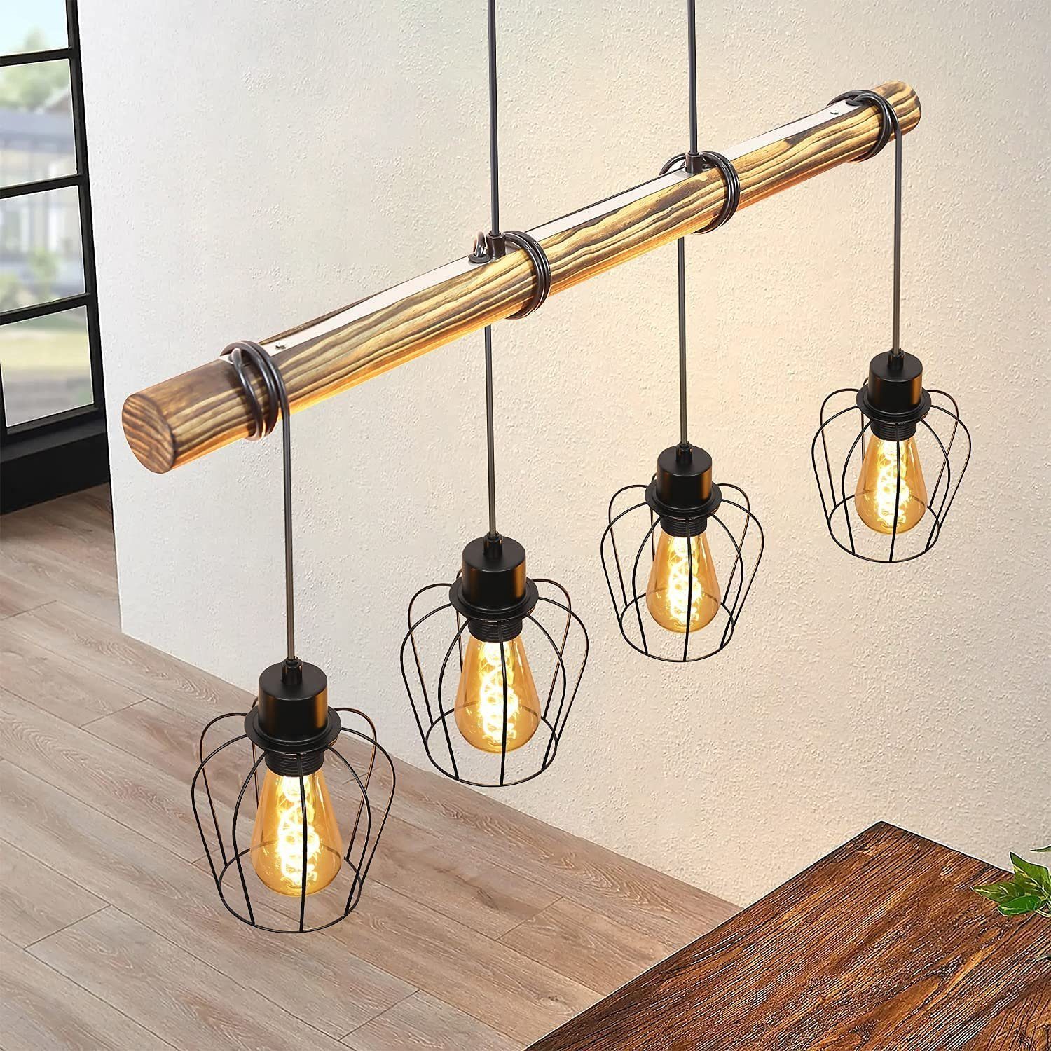 ZMH Pendelleuchte Esszimmer Retro 4 Flammig 190CM Pendellampe höhenverstellbar Hotel, Einfache Installation, ohne Leuchtmittel, Vintage Pendelleuchte aus Holz in industriell-Stil