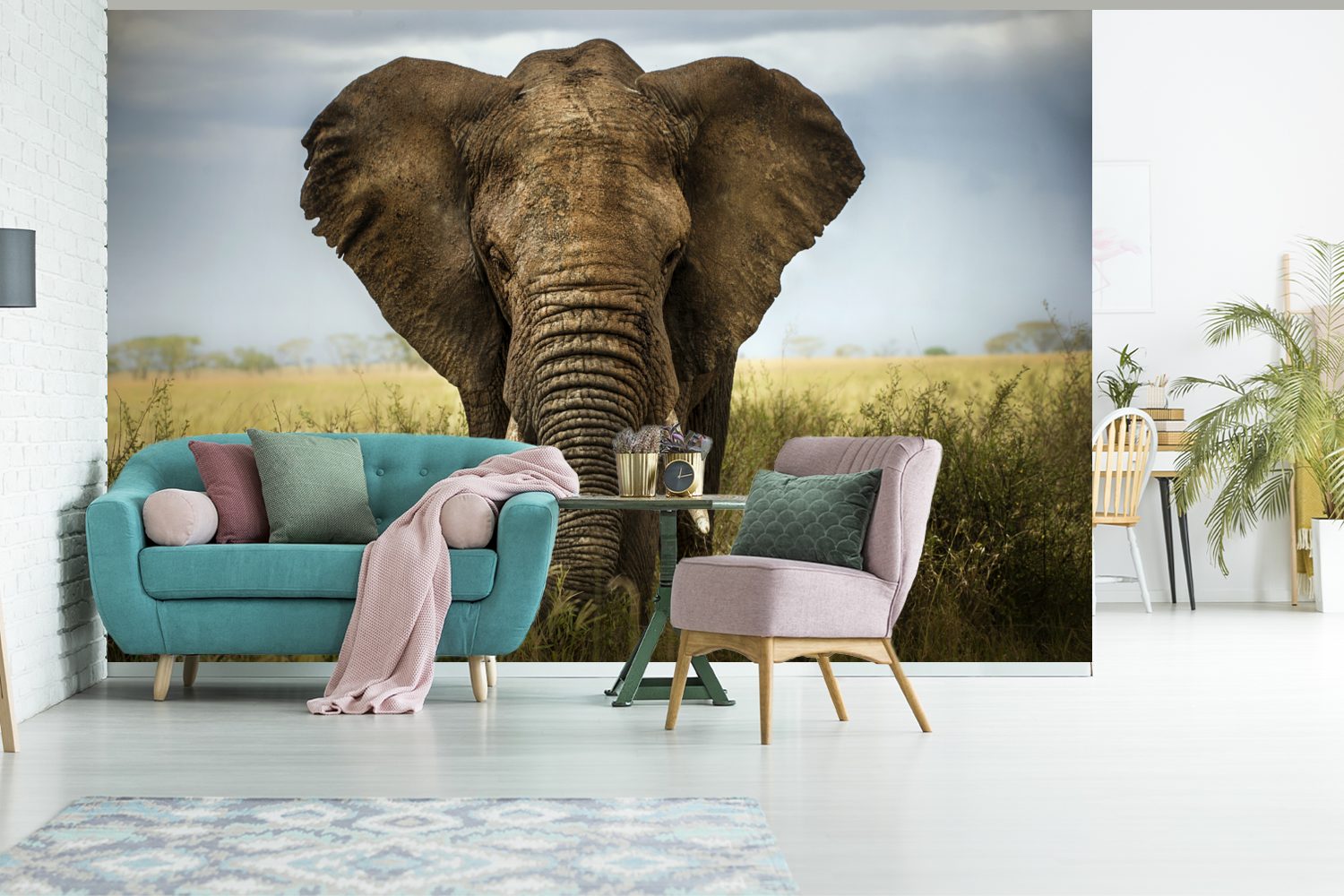 (6 Gras, Wallpaper für - St), MuchoWow Elefant Wohnzimmer, Kinderzimmer, Tapete Tiere bedruckt, Fototapete Matt, - Schlafzimmer, Vinyl