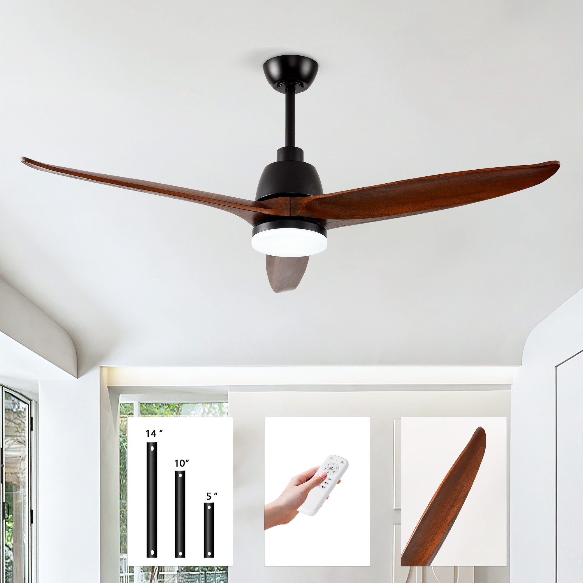 Rolipo Deckenventilator mit LED Beleuchtung 6 Geschwindigkeiten 3 Farbtemperaturen Wendbar, 52 Zoll Fernbedienung Ganzjahresbetrieb Massivholz <35dB