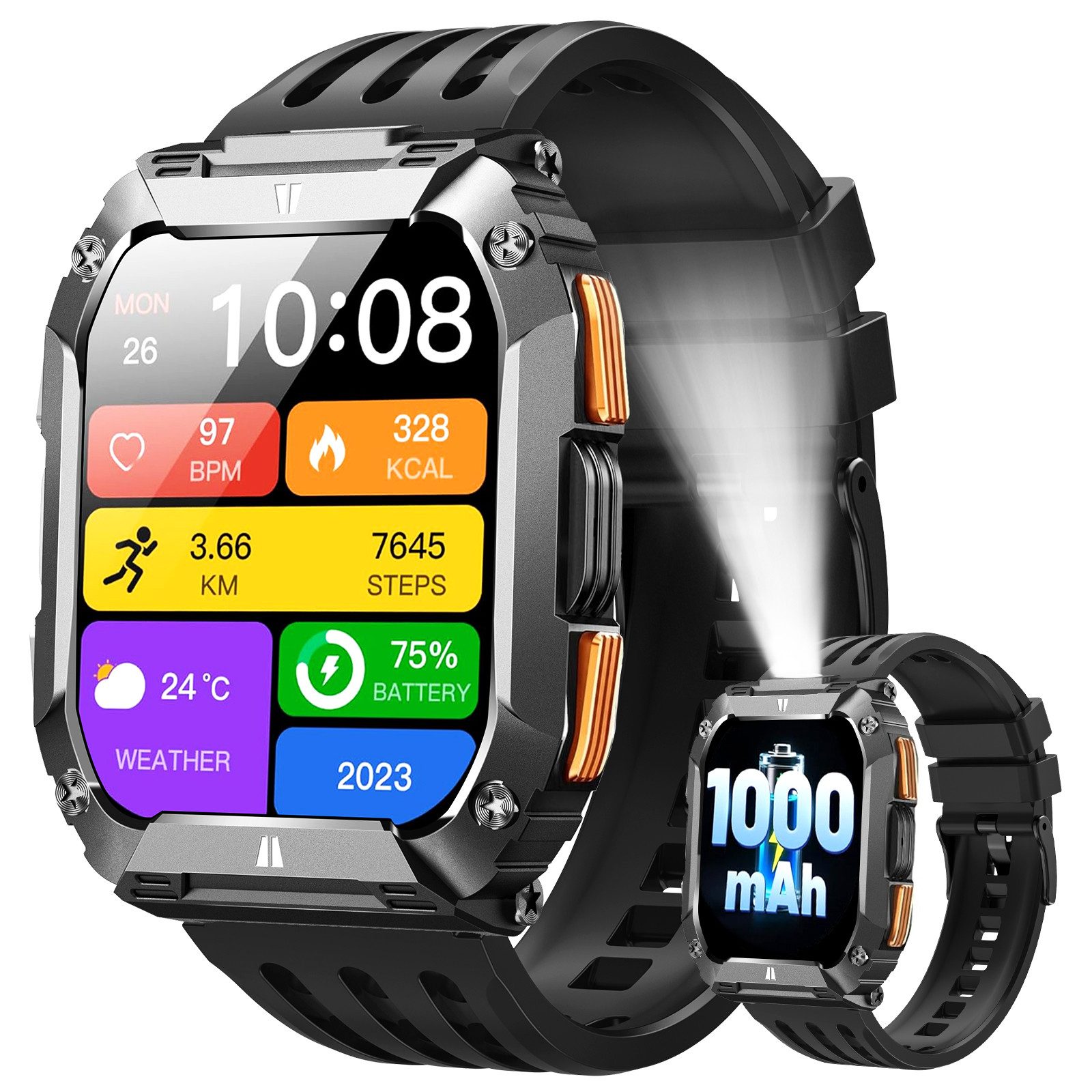 FOSMET 2025 1000-mAh-Akku,Smartwatch Herren Militärqualität,100 Tage Standby Smartwatch (4.953 cm), Mit Herzfrequenz,SpO2 und Schlaf,Druckmessung,1,95''AMOLED-Display