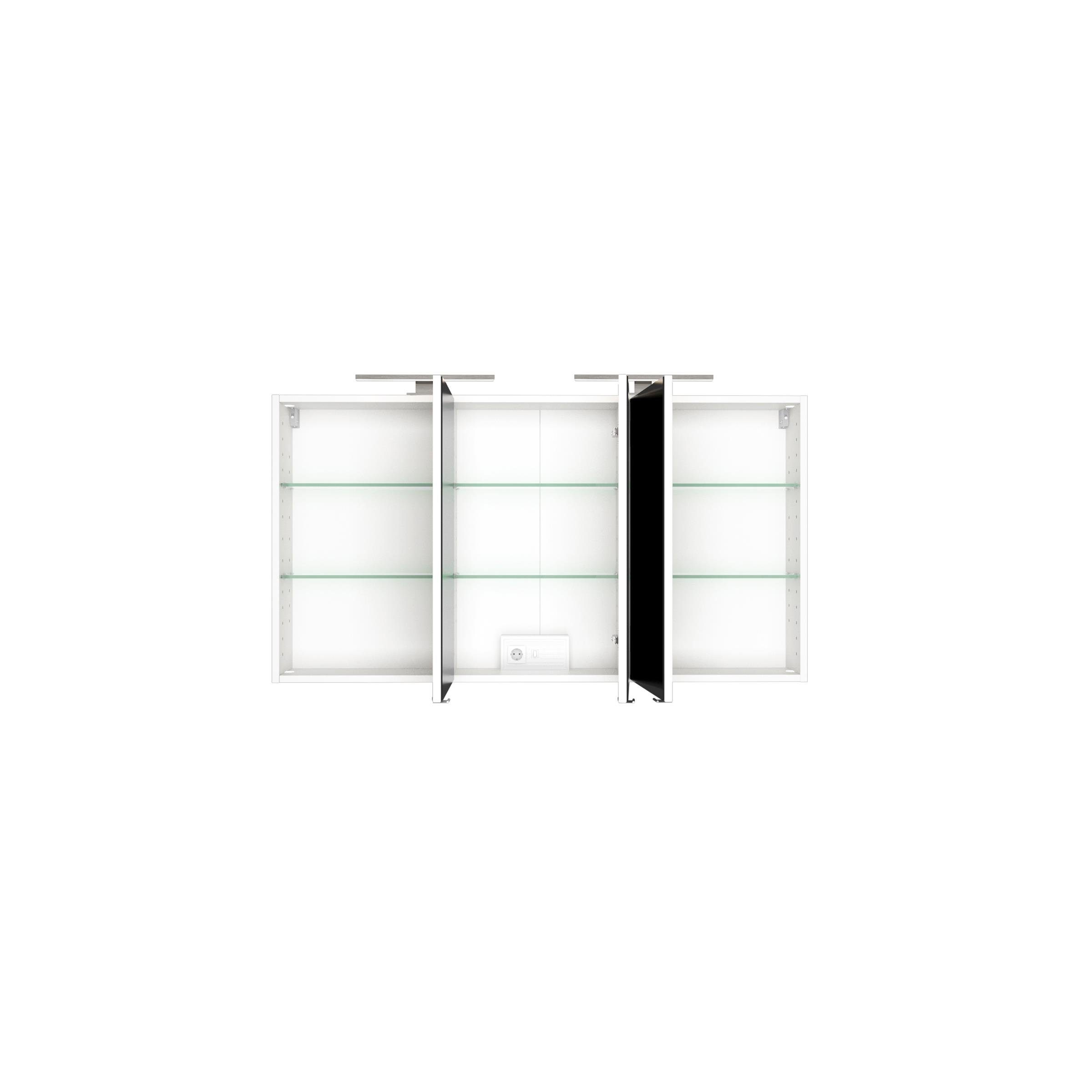Glaseinlegeböden, mit 2 Tiefe Moderner Spiegeltüren melaminharzbeschichteter cm, 66 LED-Aufbauleuchten, möbelando Spiegelschrank 3 weiß und aus Spanplatte Schalter und Garda 6 inkl. Trafobox, 20 Spiegelschrank, Steckdose. Breite in Korpus cm cm, 120 Höhe