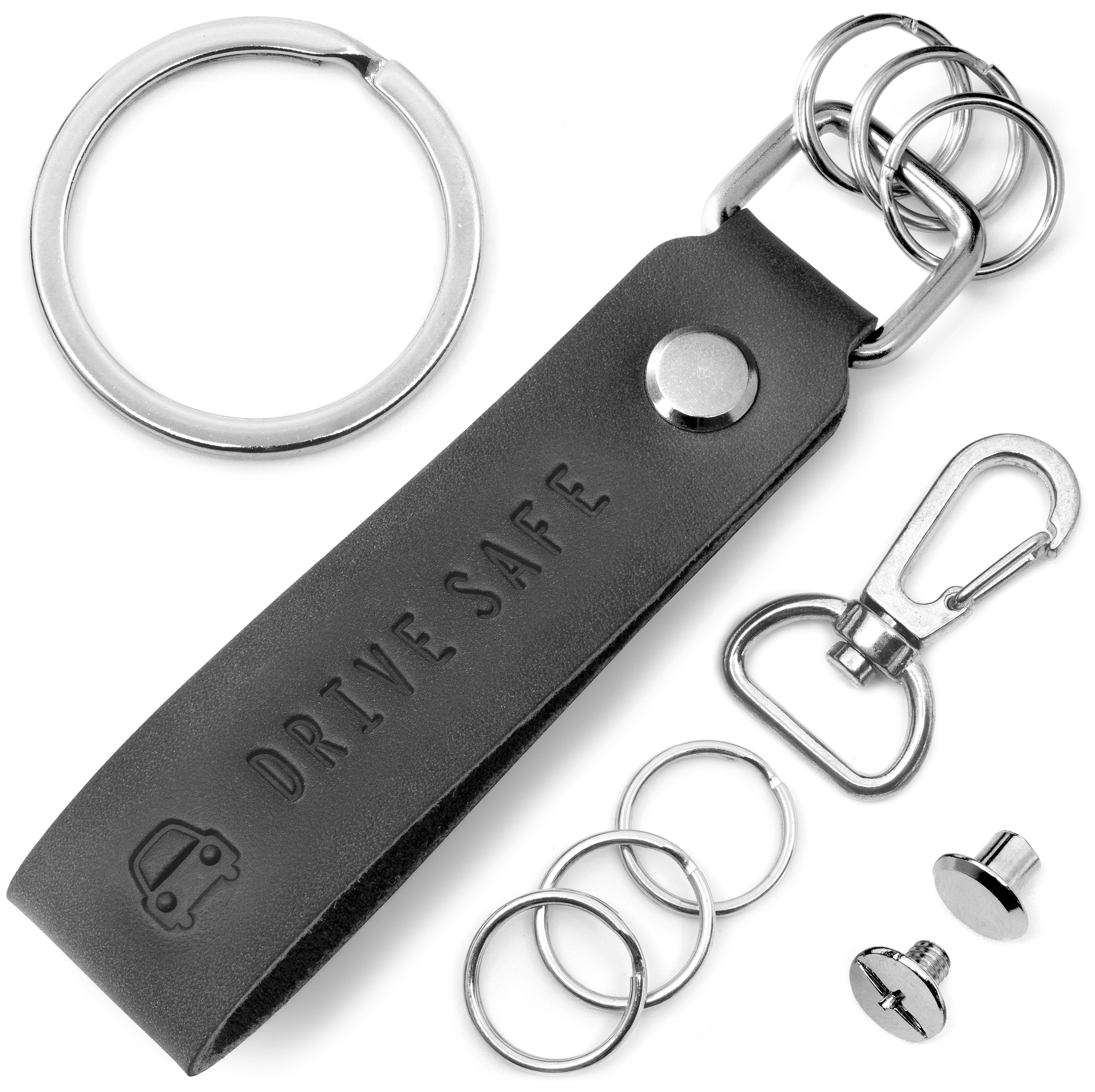FABACH Schlüsselanhänger Leder Anhänger mit wechselbarem Schlüsselring - Gravur "Drive Safe" Schwarz